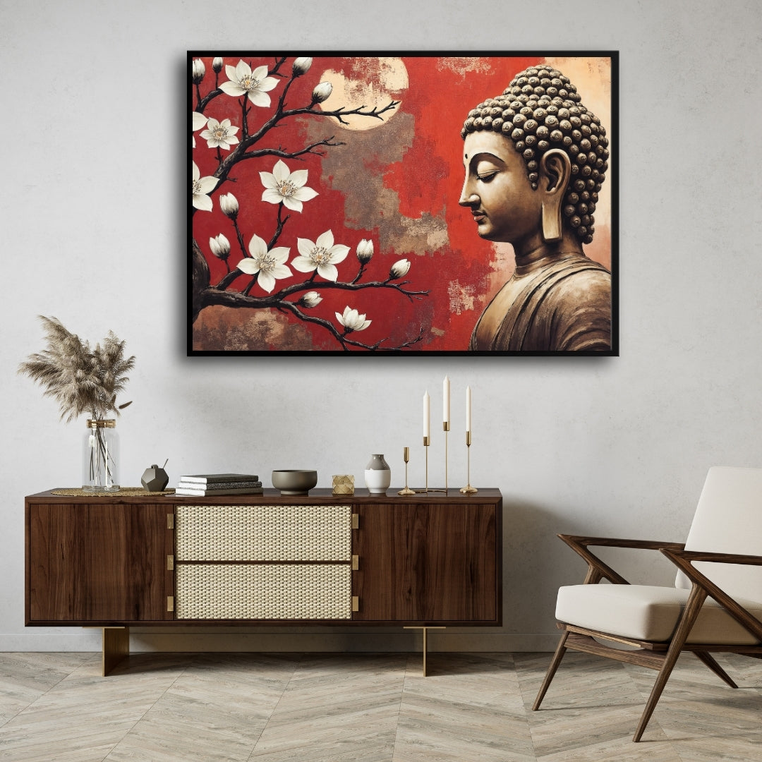 Serene Buddha with Blossoms – Spiritual Wall Art on Canvas 2 : 3 Horizontal Premium Wall Art Canvas by MeriDeewar