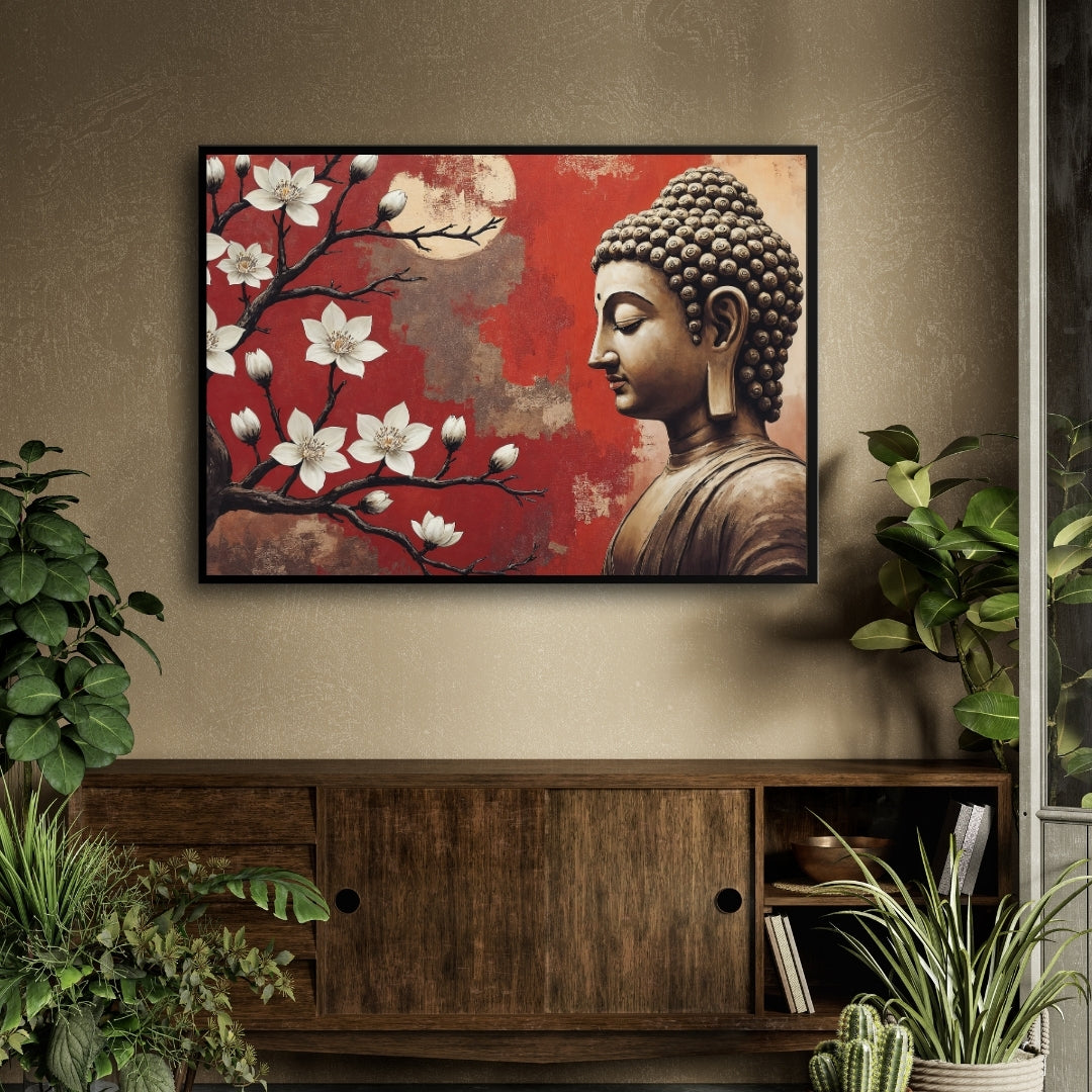 Serene Buddha with Blossoms – Spiritual Wall Art on Canvas 2 : 3 Horizontal Premium Wall Art Canvas by MeriDeewar