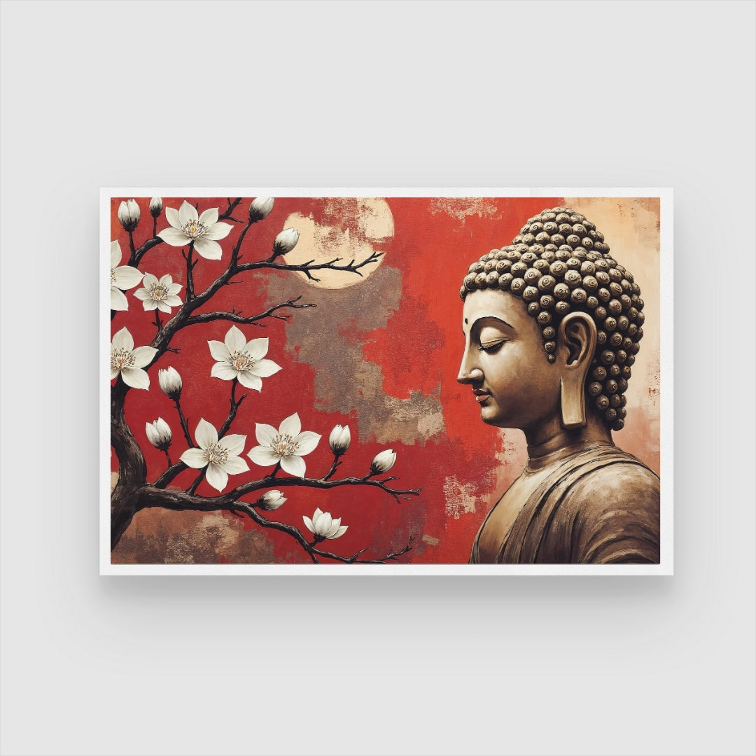 Serene Buddha with Blossoms – Spiritual Wall Art on Canvas 2 : 3 Horizontal Premium Wall Art Canvas by MeriDeewar
