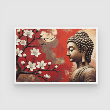 Serene Buddha with Blossoms – Spiritual Wall Art on Canvas 2 : 3 Horizontal Premium Wall Art Canvas by MeriDeewar