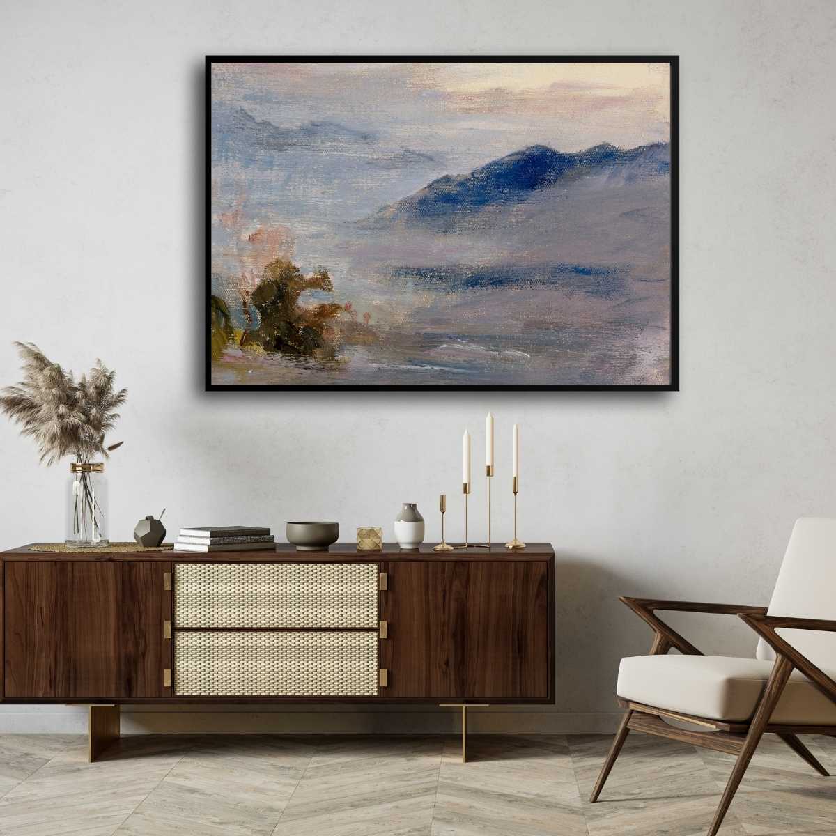 Serene Impressionist Misty Mountain Landscape Oil Painting | Framed Print 4 : 3 Horizontal Premium Wall Art Canvas by MeriDeewar