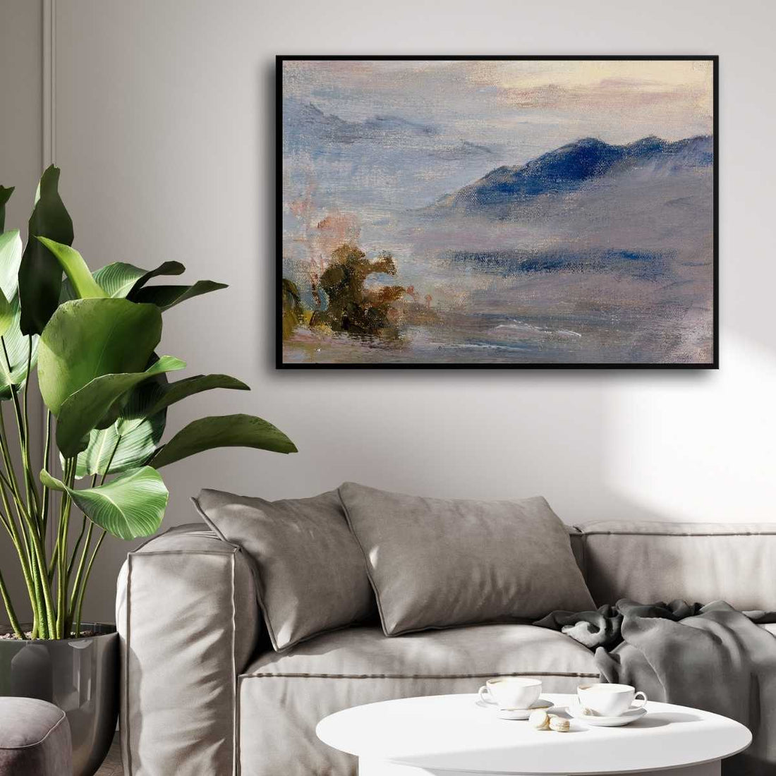Serene Impressionist Misty Mountain Landscape Oil Painting | Framed Print 4 : 3 Horizontal Premium Wall Art Canvas by MeriDeewar