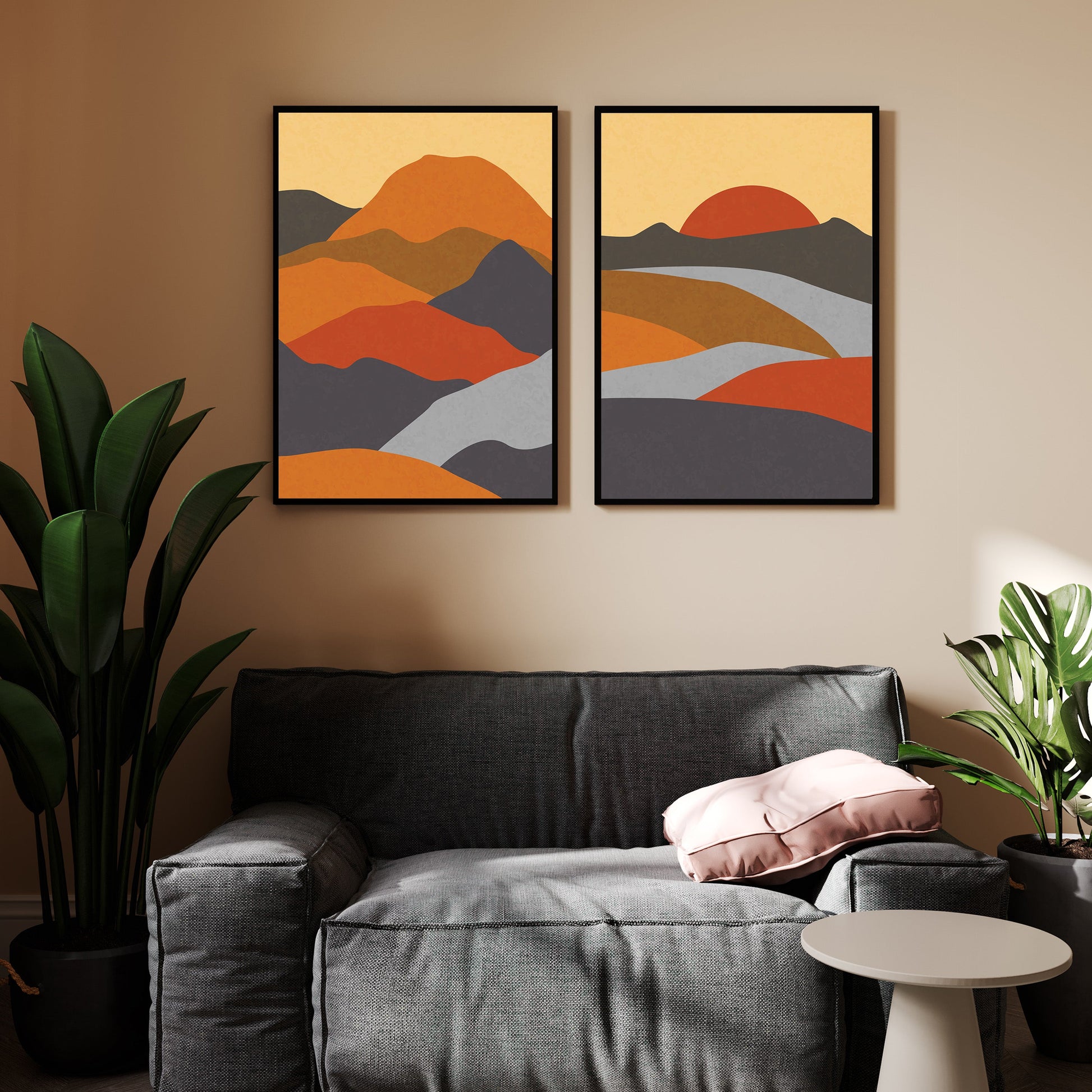 serene mountain range abstract art - transform your walls set of Two painting Walls Premium Wall Art Canvas by MeriDeewar