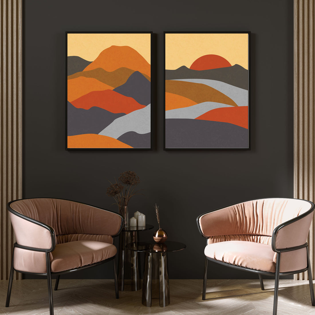 serene mountain range abstract art - transform your walls set of Two painting Walls Premium Wall Art Canvas by MeriDeewar