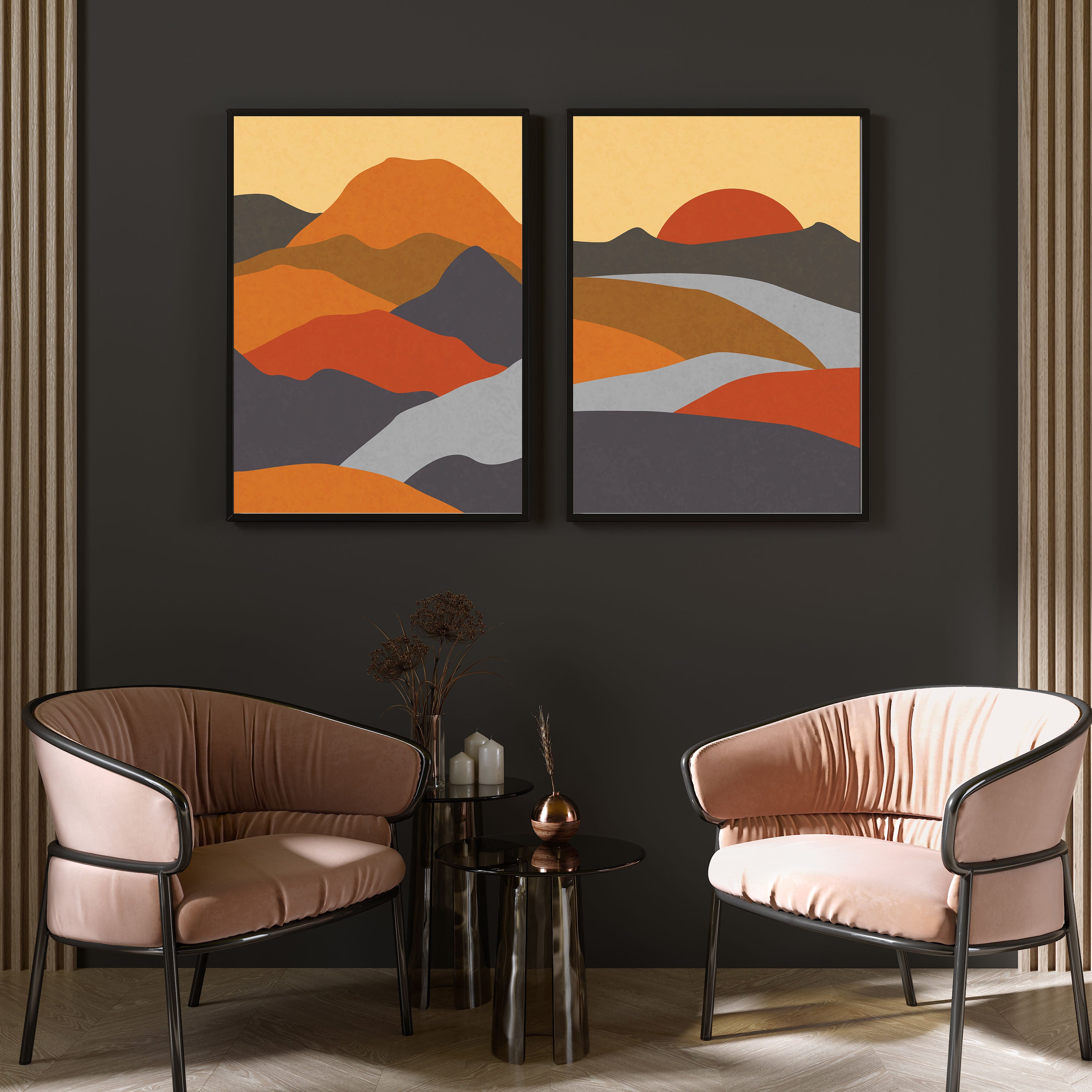 serene mountain range abstract art - transform your walls set of Two painting Walls Premium Wall Art Canvas by MeriDeewar