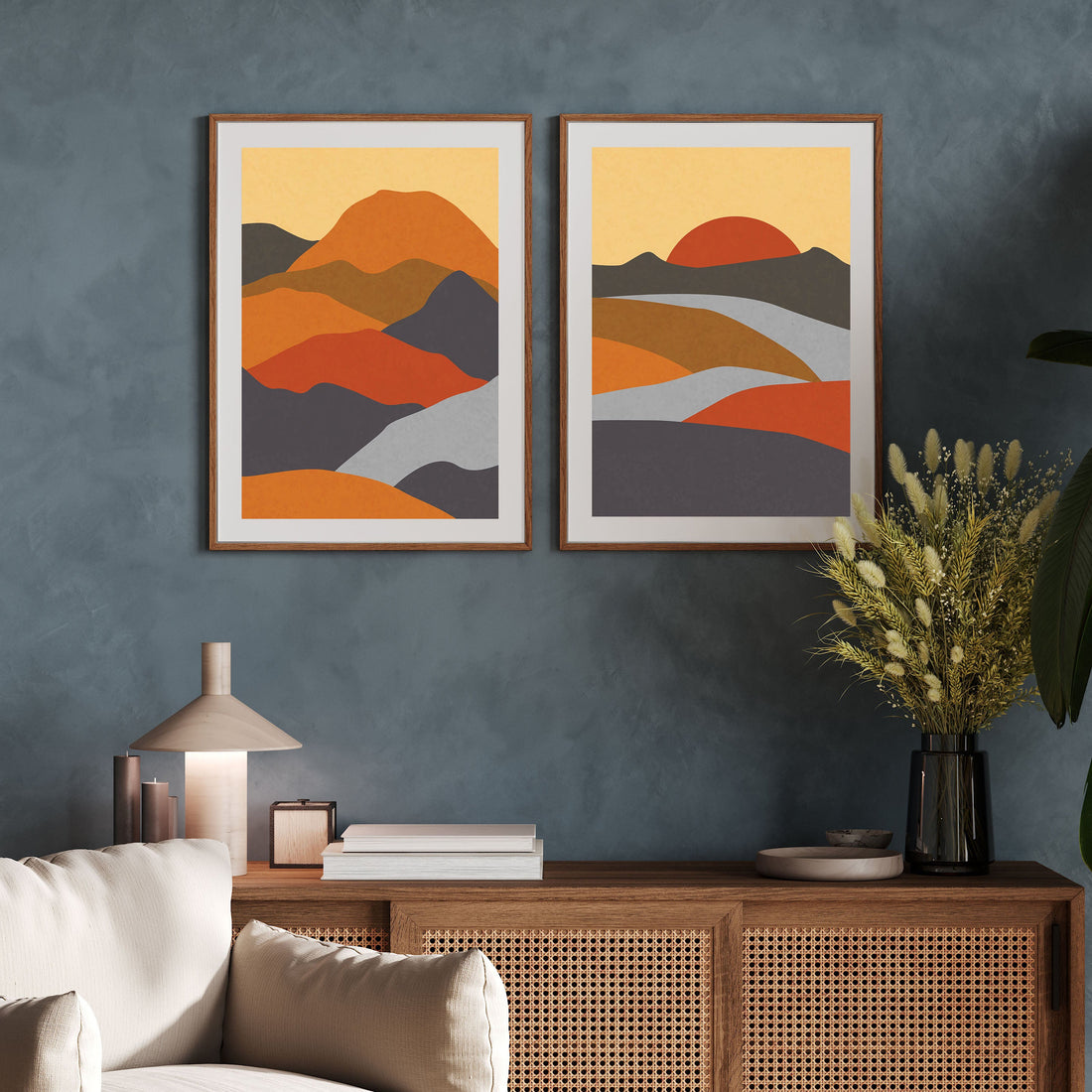serene mountain range abstract art - transform your walls set of Two painting Walls Premium Wall Art Canvas by MeriDeewar