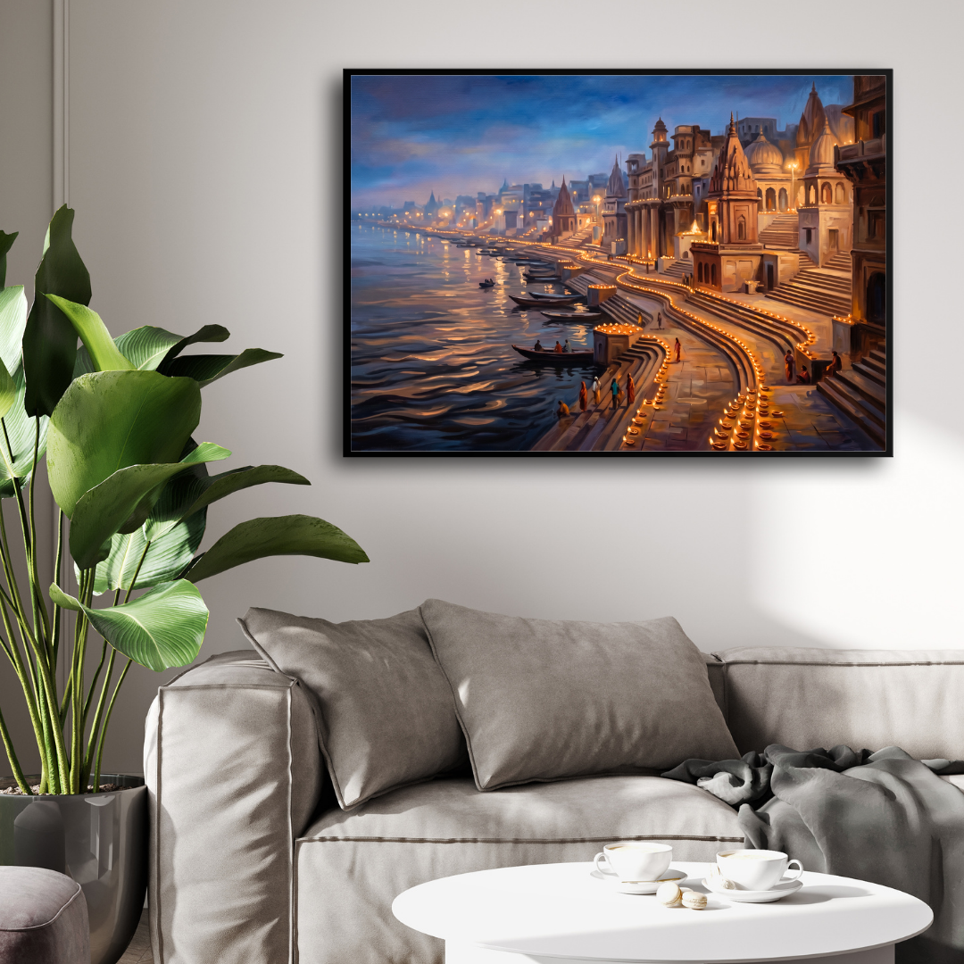 Serene Varanasi Ghats Illuminated Wall Art | Panoramic Oil Painting Framed Print 2 : 3 Horizontal Premium Wall Art Canvas by MeriDeewar