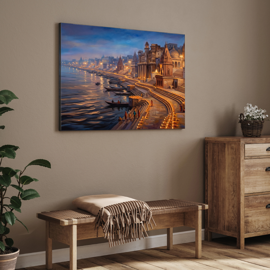 Serene Varanasi Ghats Illuminated Wall Art | Panoramic Oil Painting Framed Print 2 : 3 Horizontal Premium Wall Art Canvas by MeriDeewar