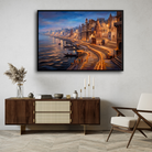 Serene Varanasi Ghats Illuminated Wall Art | Panoramic Oil Painting Framed Print 2 : 3 Horizontal Premium Wall Art Canvas by MeriDeewar