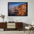 Serene Varanasi Ghats Illuminated Wall Art | Panoramic Oil Painting Framed Print 2 : 3 Horizontal Premium Wall Art Canvas by MeriDeewar