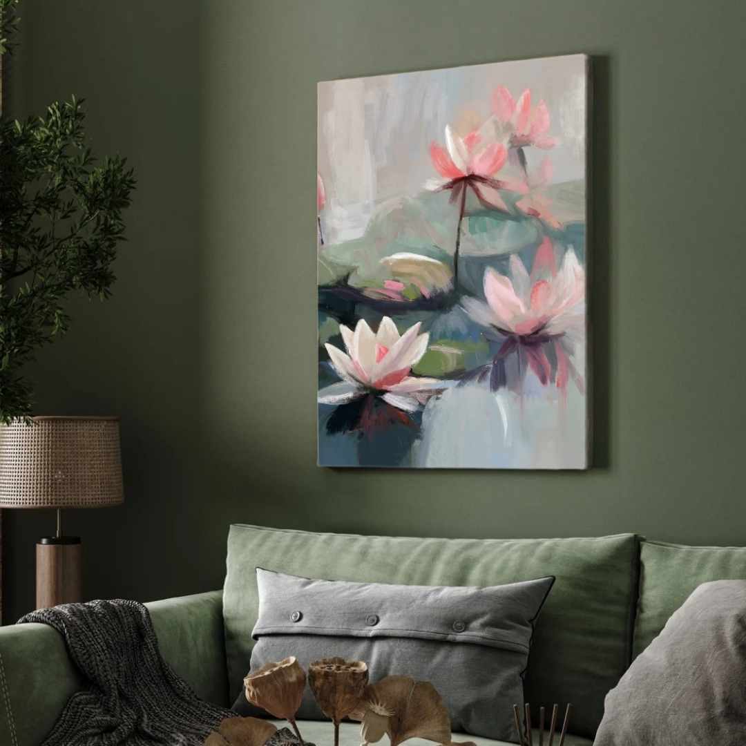 "Serene Water Lilies" Classical Oil Painting Botanical Giclée Print | Fine Art Wall Art 3 : 4 Vertical Premium Wall Art Canvas by MeriDeewar