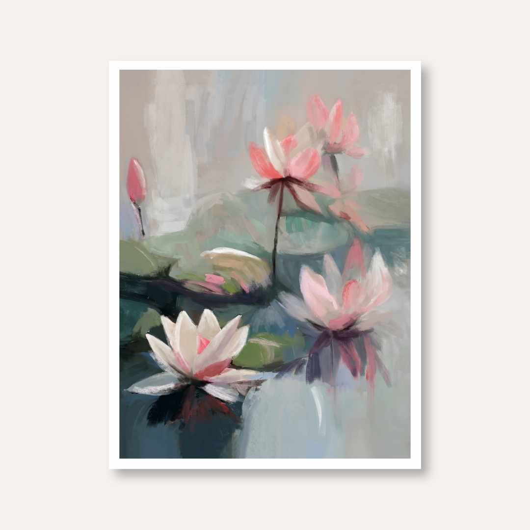 "Serene Water Lilies" Classical Oil Painting Botanical Giclée Print | Fine Art Wall Art 3 : 4 Vertical Premium Wall Art Canvas by MeriDeewar