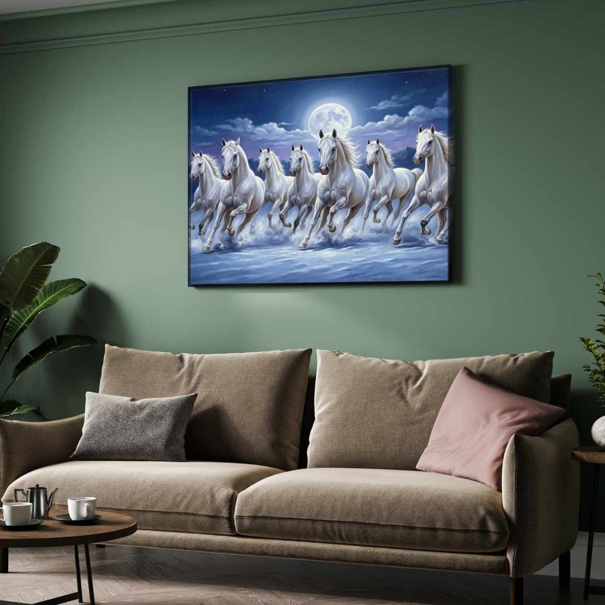 Seven Horse Painting Vastu for Living Room | Moonlight White Horses Wall Art | Giclée Print 3 : 2 Horizontal Premium Wall Art Canvas by MeriDeewar