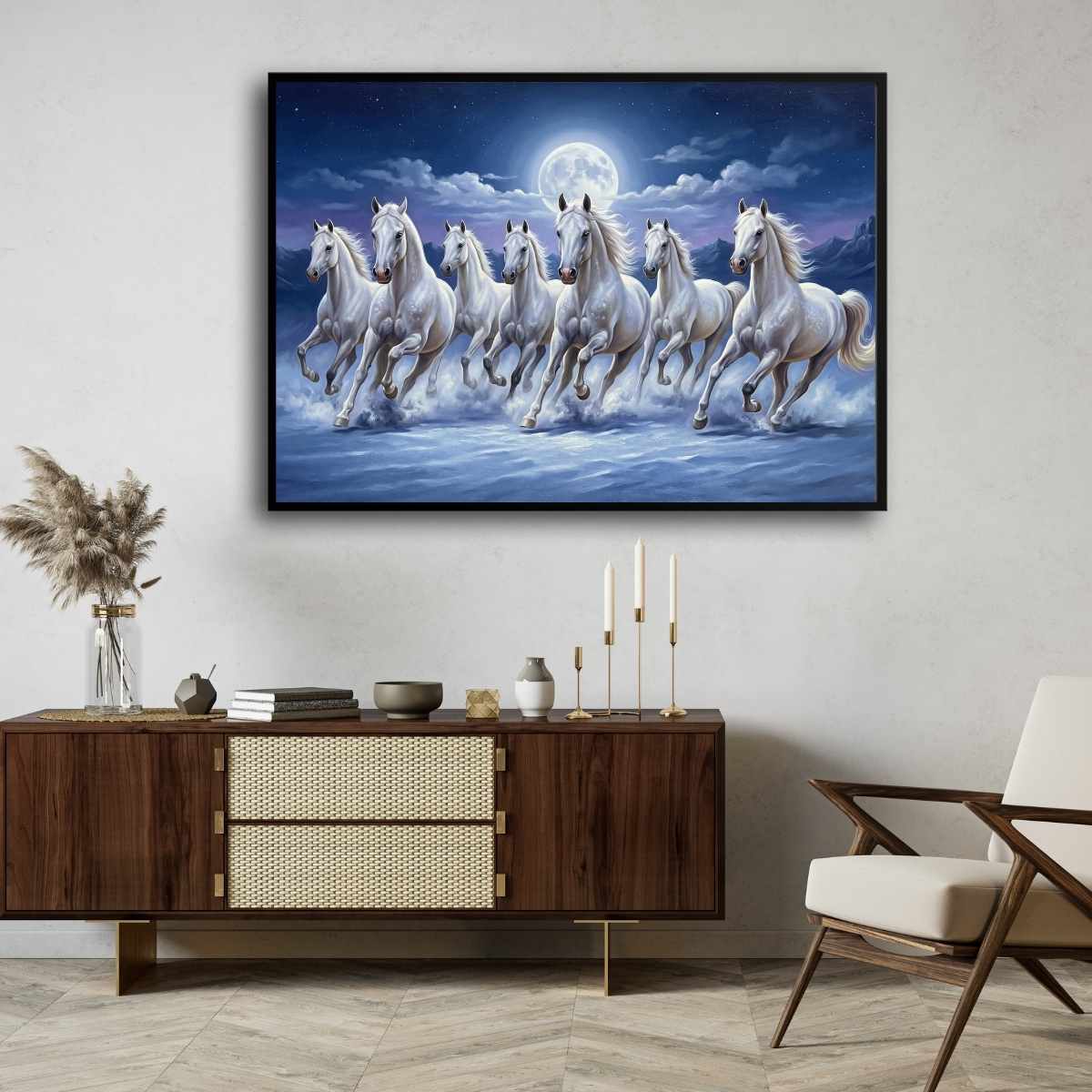 Seven Horse Painting Vastu for Living Room | Moonlight White Horses Wall Art | Giclée Print 3 : 2 Horizontal Premium Wall Art Canvas by MeriDeewar