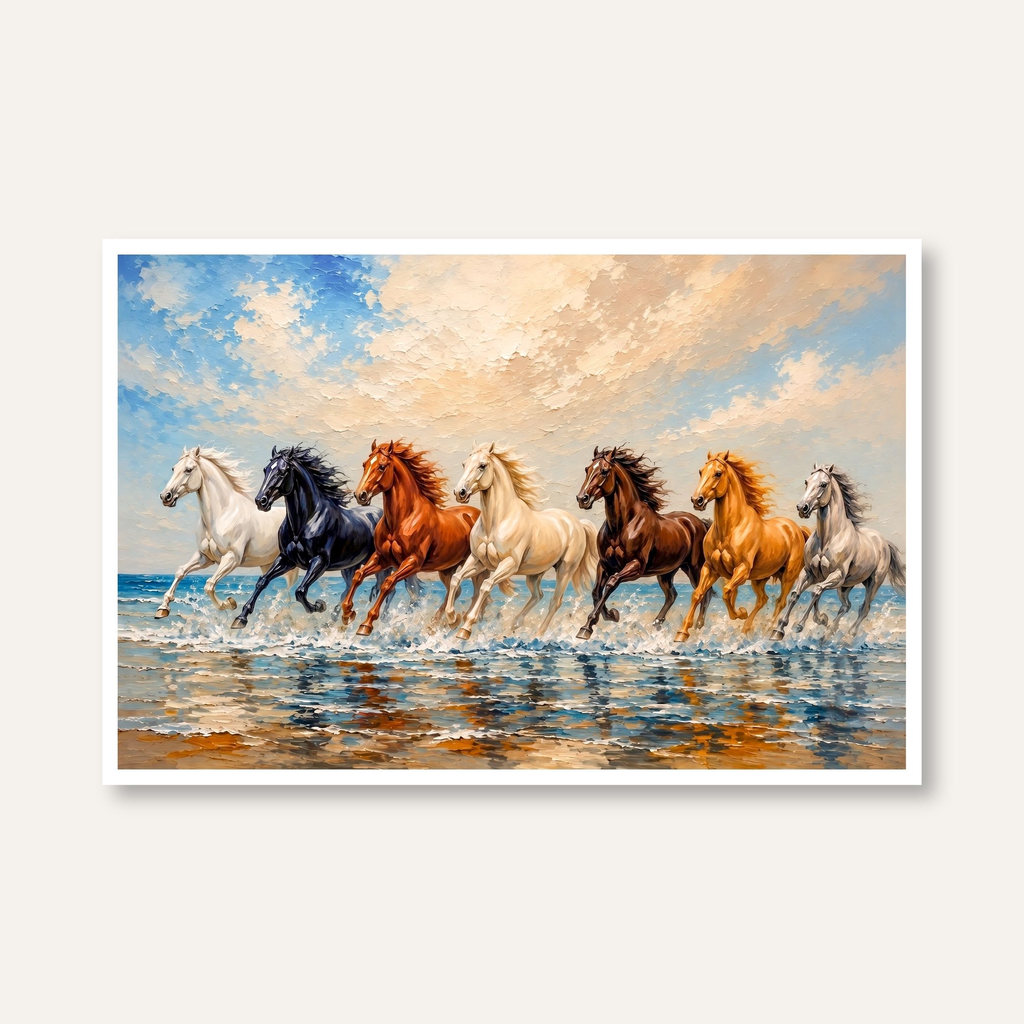 Seven Horse Painting Vastu for Living Room | Running Horses Wall Art | Giclée Print 3 : 2 Horizontal Premium Wall Art Canvas by MeriDeewar