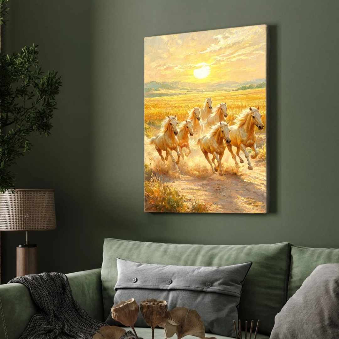 Seven Horse Painting Vastu for Living Room | White Horses Wall Art | Giclée Print 3 : 2 Horizontal Premium Wall Art Canvas by MeriDeewar