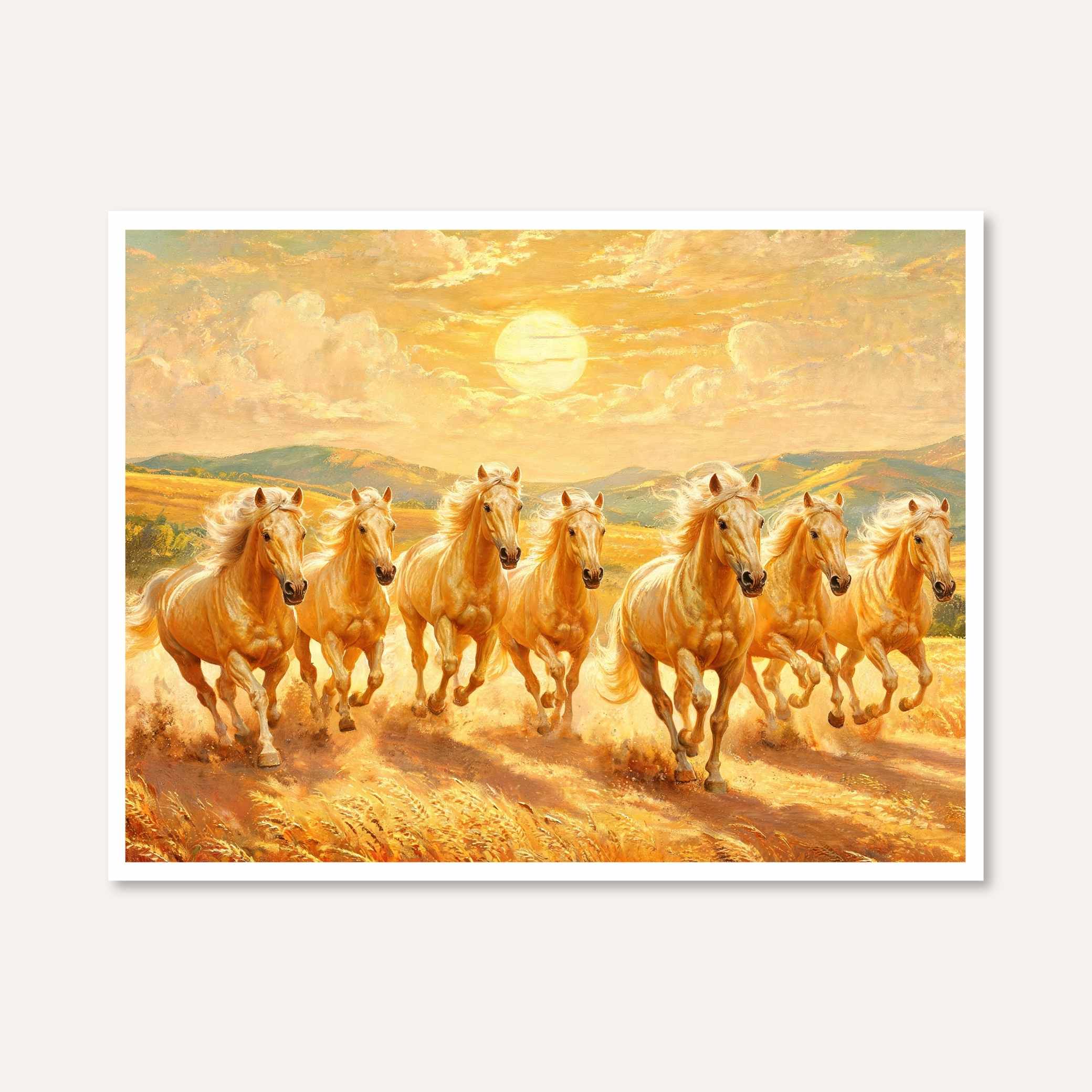 Seven Horse Painting Vastu for Living Room | White Horses Wall Art | Giclée Print 3 : 2 Horizontal Premium Wall Art Canvas by MeriDeewar