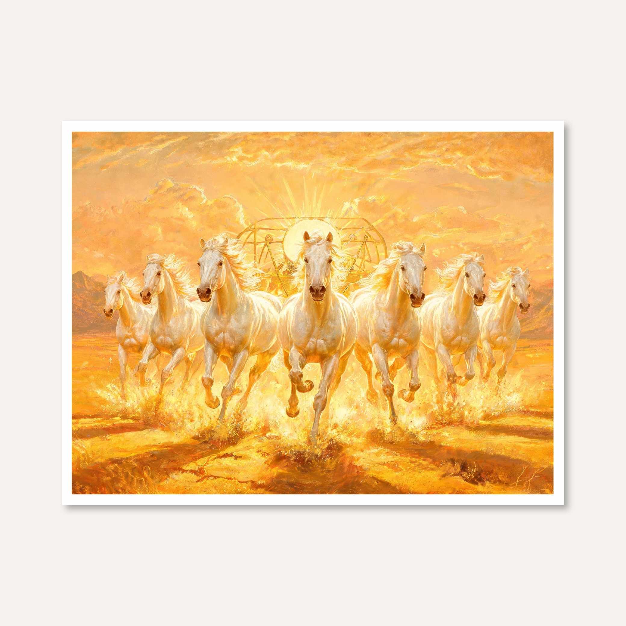 Seven Horse Painting Vastu for Living Room | White Running Horses Wall Art | Giclée Print 3 : 2 Horizontal Premium Wall Art Canvas by MeriDeewar
