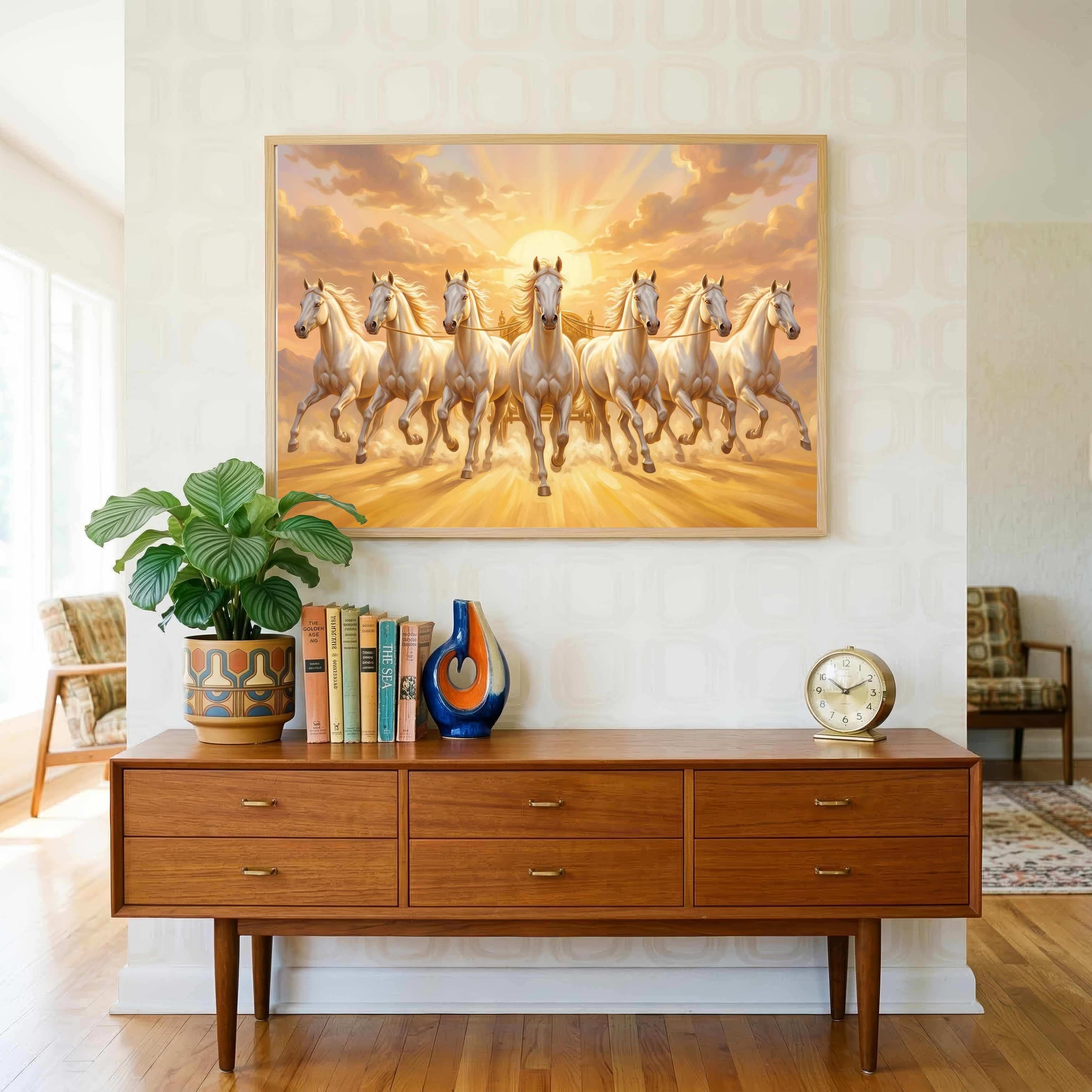 Seven Horse Painting Vastu for Living Room | White Running Horses Wall Art | Giclée Print 3 : 2 Horizontal Premium Wall Art Canvas by MeriDeewar