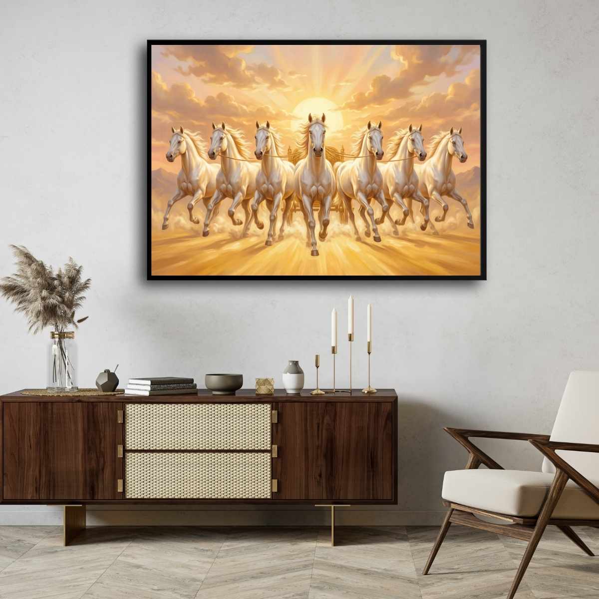 Seven Horse Painting Vastu for Living Room | White Running Horses Wall Art | Giclée Print 3 : 2 Horizontal Premium Wall Art Canvas by MeriDeewar