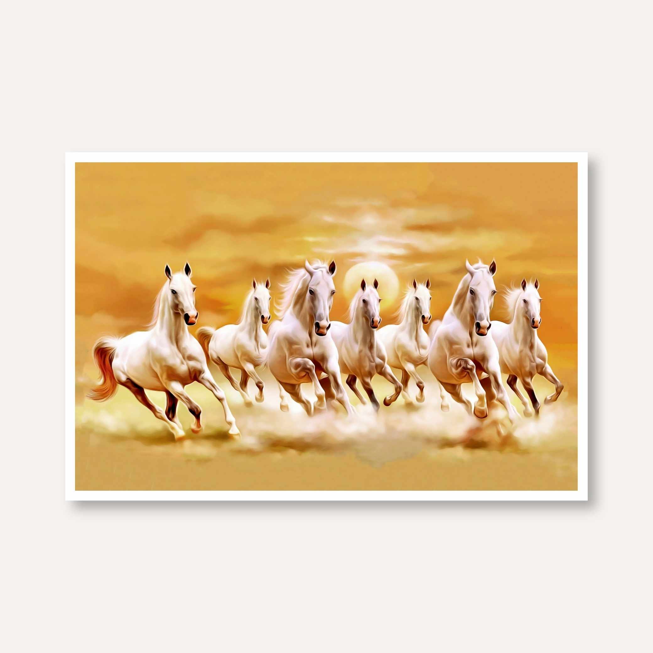 Seven Horse Painting Vastu for Living Room | White Running Horses Wall Art | Giclée Print 3 : 2 Horizontal Premium Wall Art Canvas by MeriDeewar