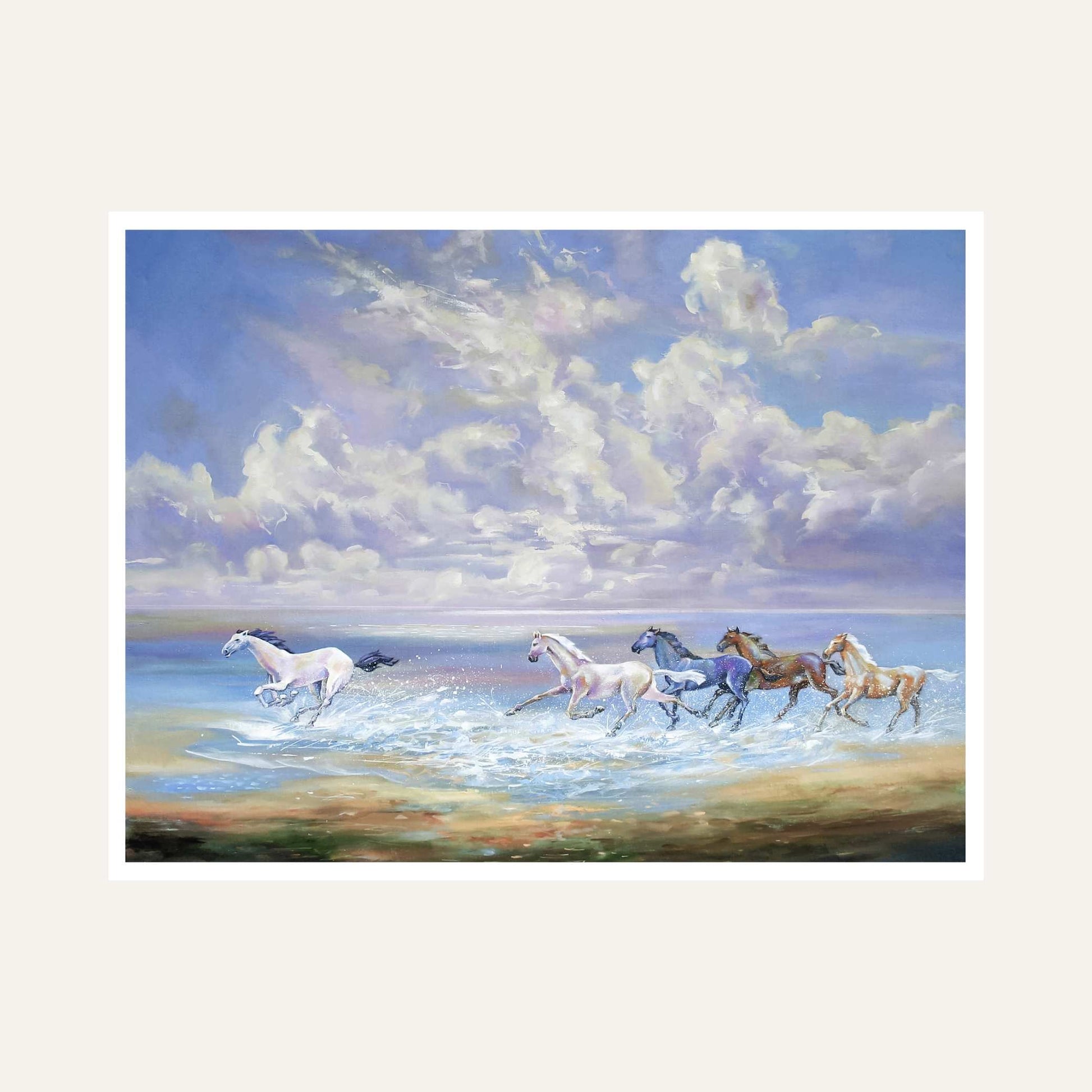 Seven Horse Painting Vastu | Running Horses on Beach Wall Art for Living Room | Giclée Print 6 : 5 Horizontal Premium Wall Art Canvas by MeriDeewar