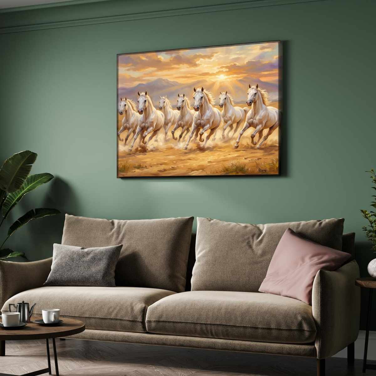 Seven Horse Painting Vastu | Running Horses Wall Art for Living Room | Sunset Canvas Print 3 : 2 Horizontal Premium Wall Art Canvas by MeriDeewar