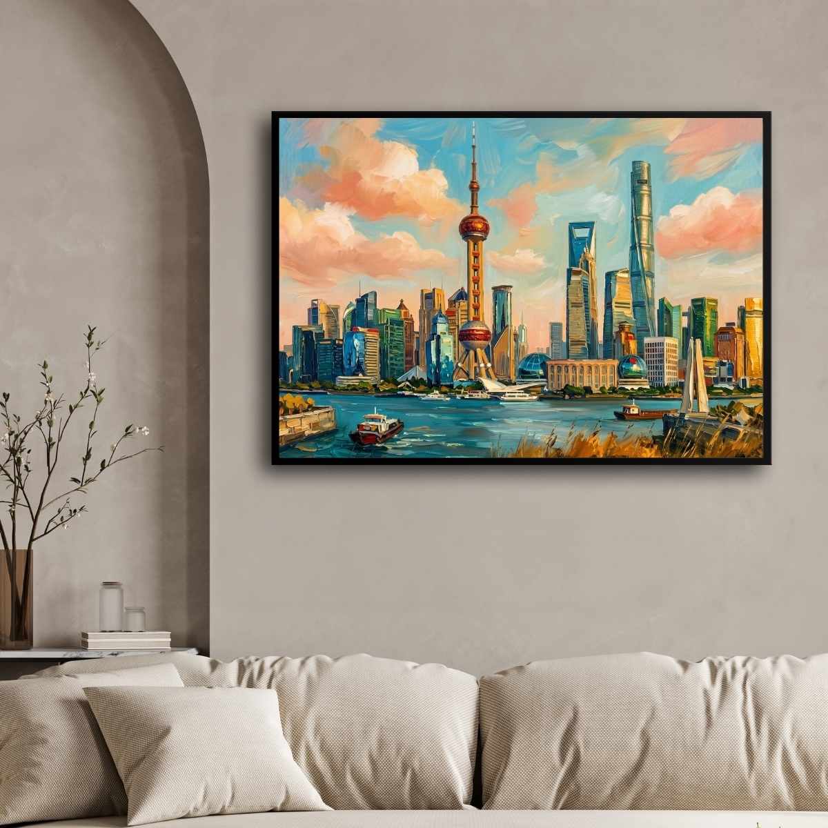 "Shanghai Riverside Horizon" City Skyline Architecture Giclée Print | Fine Art Wall Art 2 : 3 Horizontal Premium Wall Art Canvas by MeriDeewar
