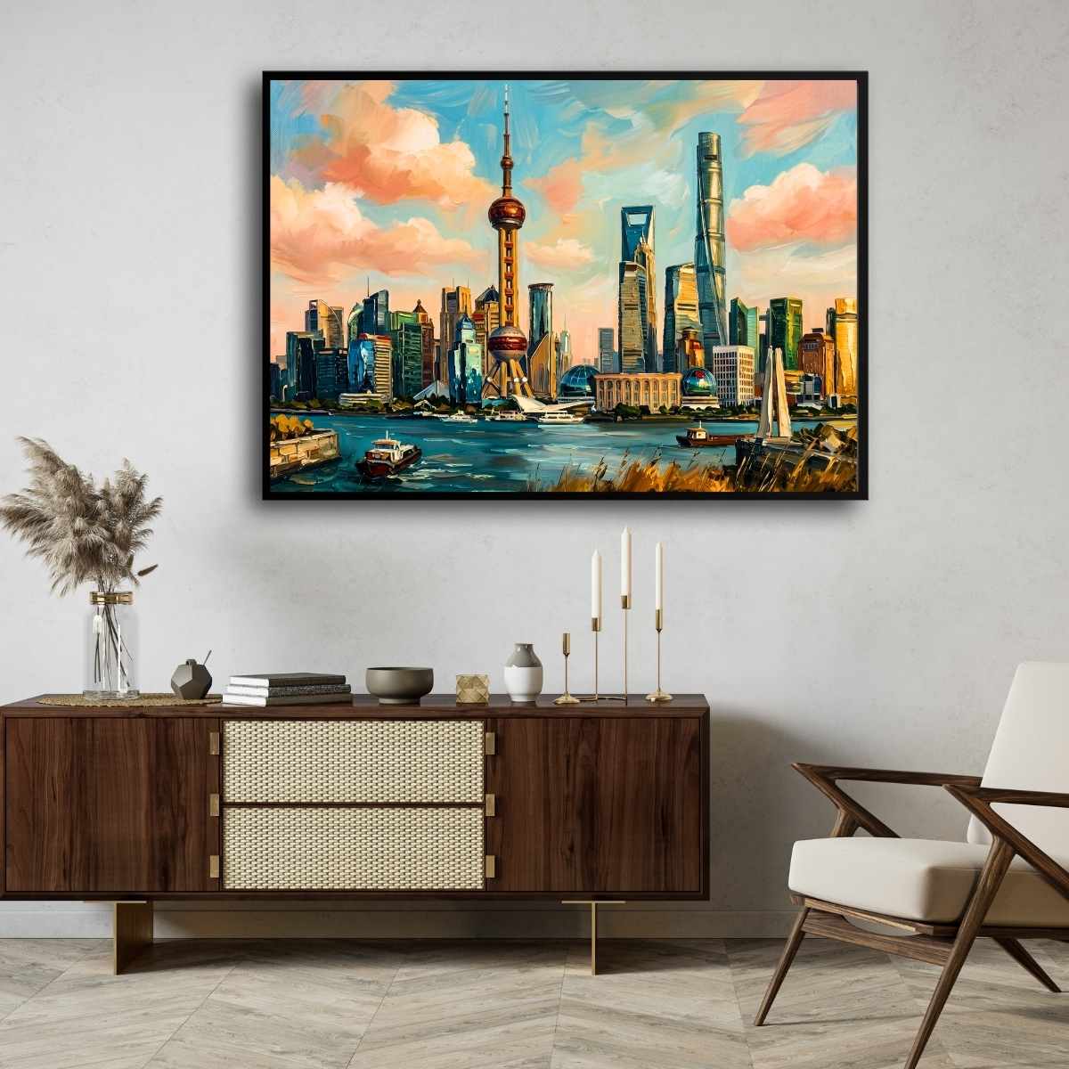 "Shanghai Riverside Horizon" City Skyline Architecture Giclée Print | Fine Art Wall Art 2 : 3 Horizontal Premium Wall Art Canvas by MeriDeewar