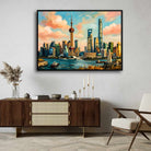 "Shanghai Riverside Horizon" City Skyline Architecture Giclée Print | Fine Art Wall Art 2 : 3 Horizontal Premium Wall Art Canvas by MeriDeewar