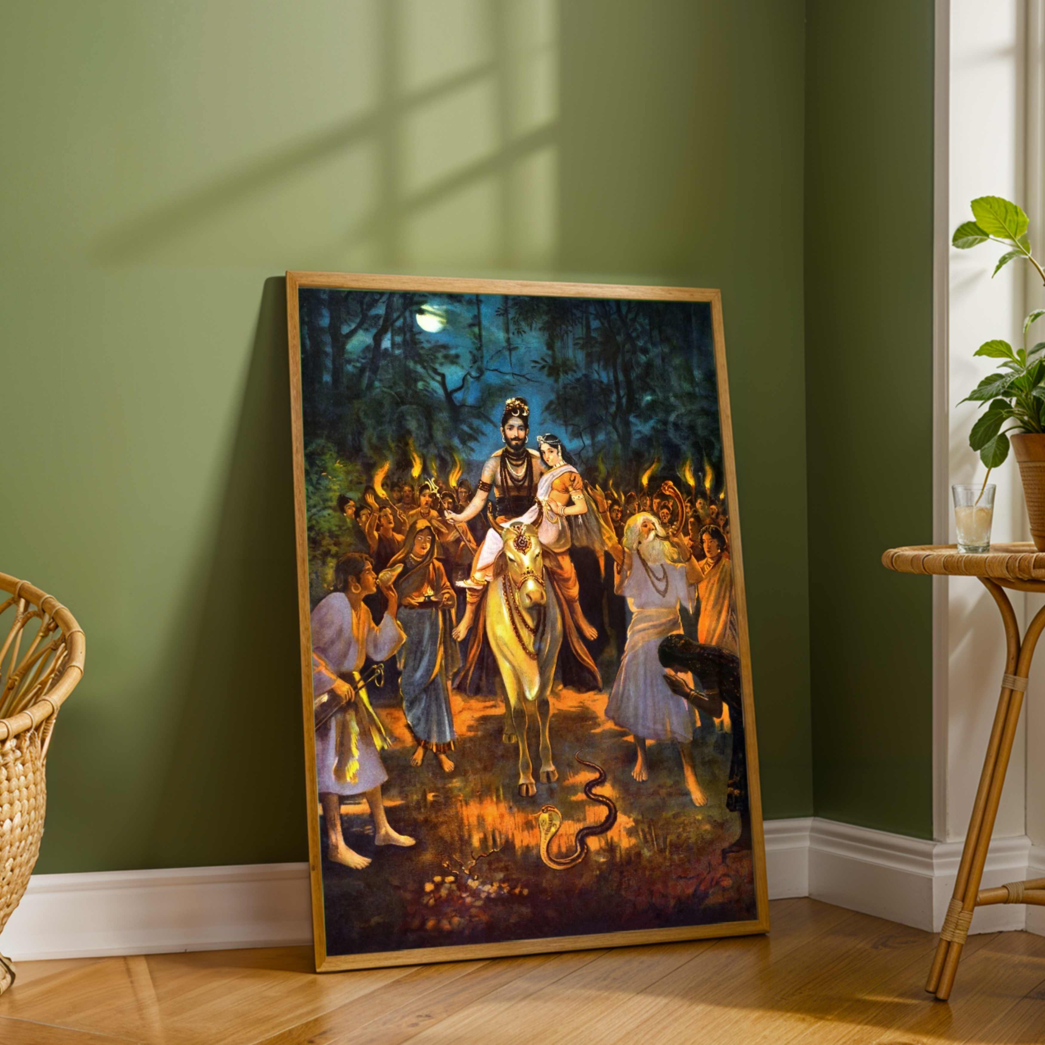Shiv Parvati Vivah Painting for Home | Raja Ravi Varma Spiritual Wall Art Print 3 : 4 Vertical Premium Wall Art Canvas by MeriDeewar