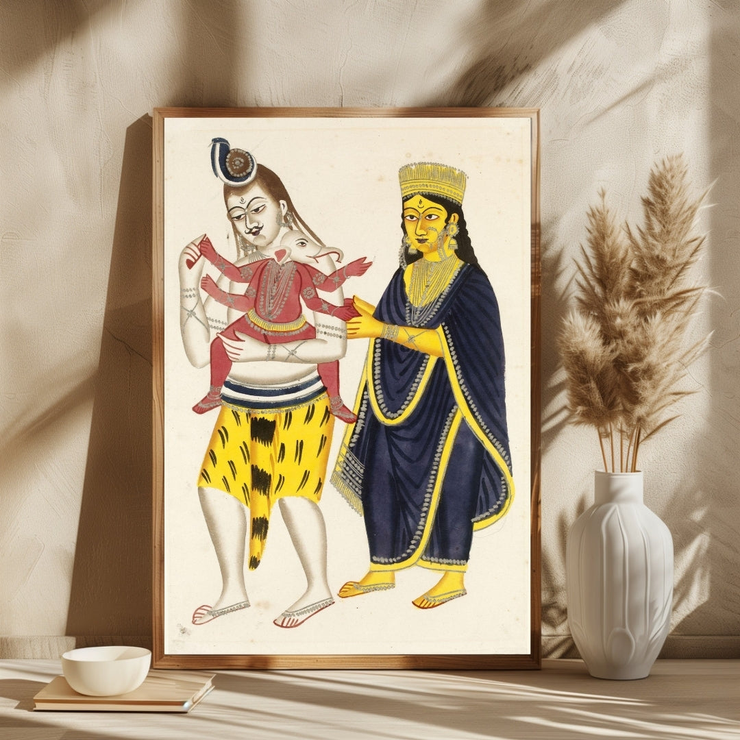 Shiva & Ganesha Kalighat Masterpiece - Artistic Decor for Home 2 : 3 Vertical Premium Wall Art Canvas by MeriDeewar