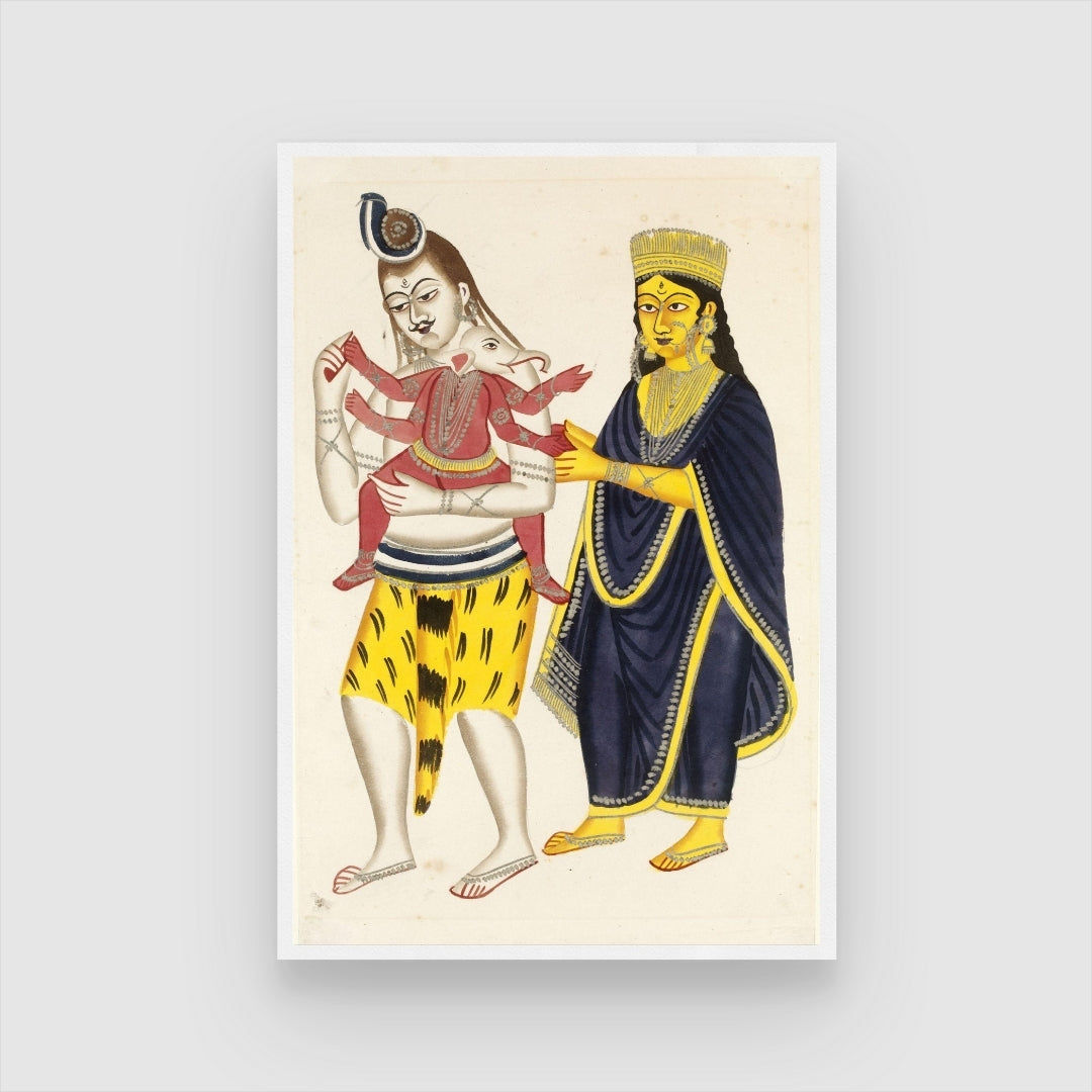 Shiva & Ganesha Kalighat Masterpiece - Artistic Decor for Home 2 : 3 Vertical Premium Wall Art Canvas by MeriDeewar