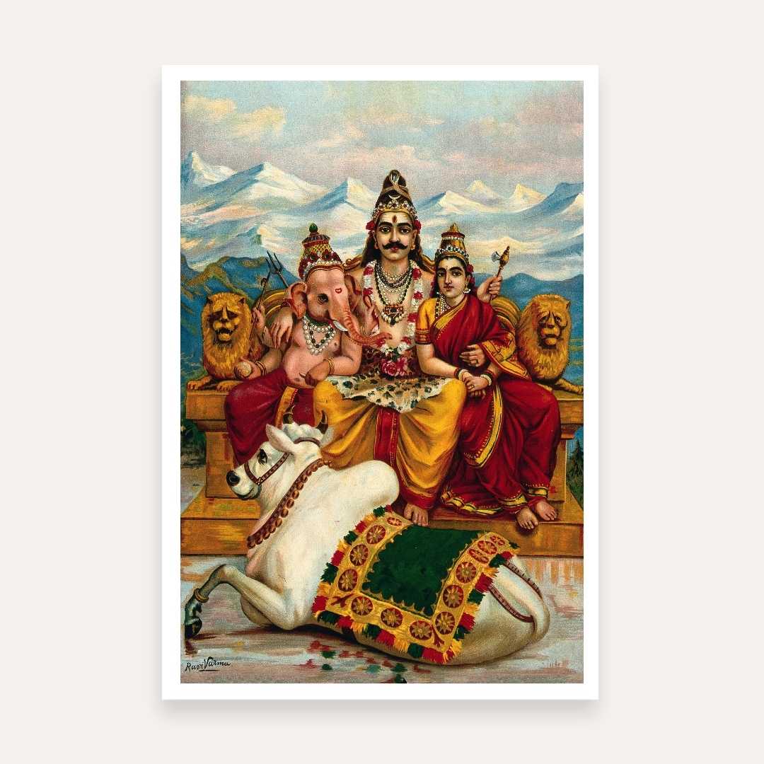 Shiva Parvati Ganesha Painting for Pooja Room | Spiritual Wall Art for Home | MeriDeewar 2 : 3 Vertical Premium Wall Art Canvas by MeriDeewar