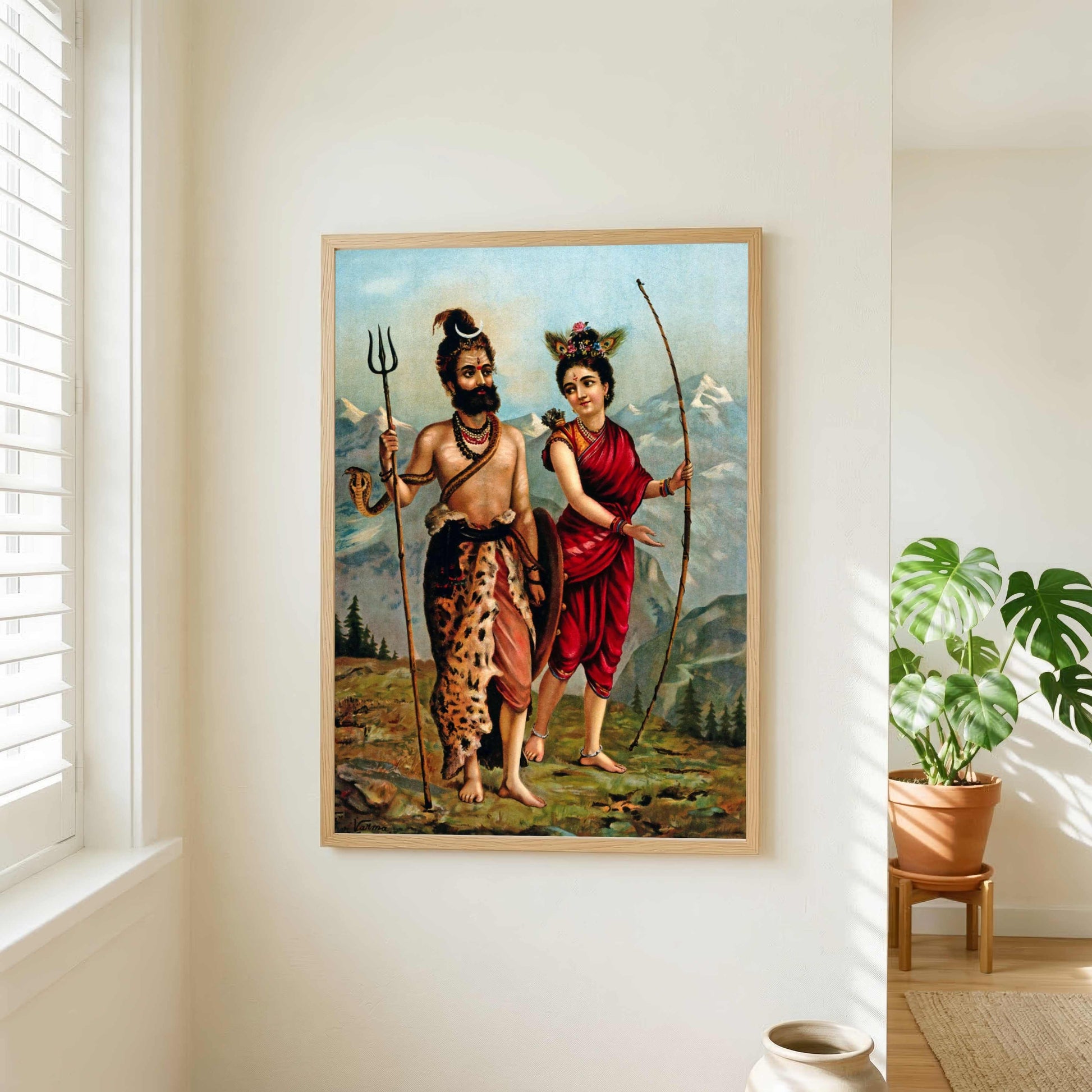 Shiva Parvati Painting for Home | Kirat Avatar | Raja Ravi Varma Wall Art Print 2 : 3 Vertical Premium Wall Art Canvas by MeriDeewar