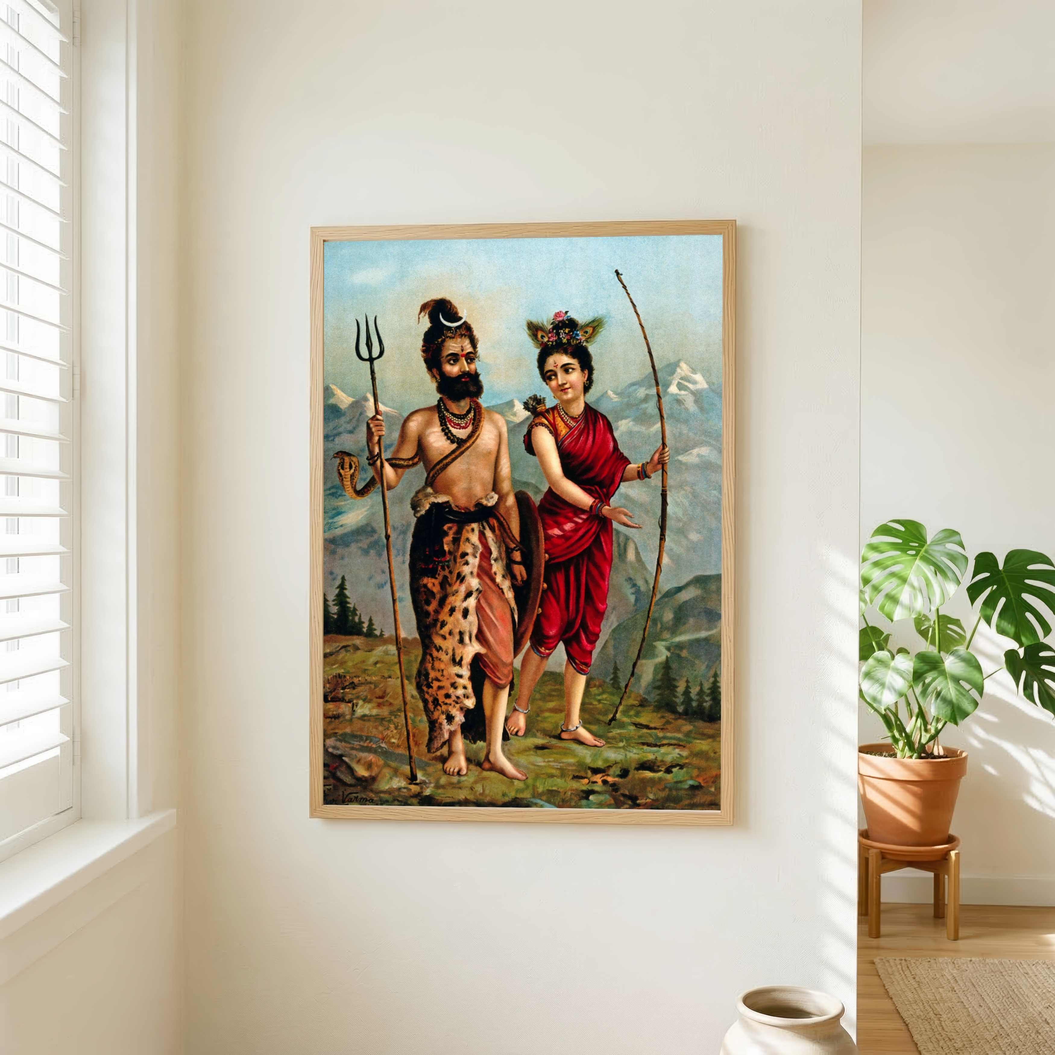 Shiva Parvati Painting for Home | Kirat Avatar | Raja Ravi Varma Wall Art Print 2 : 3 Vertical Premium Wall Art Canvas by MeriDeewar