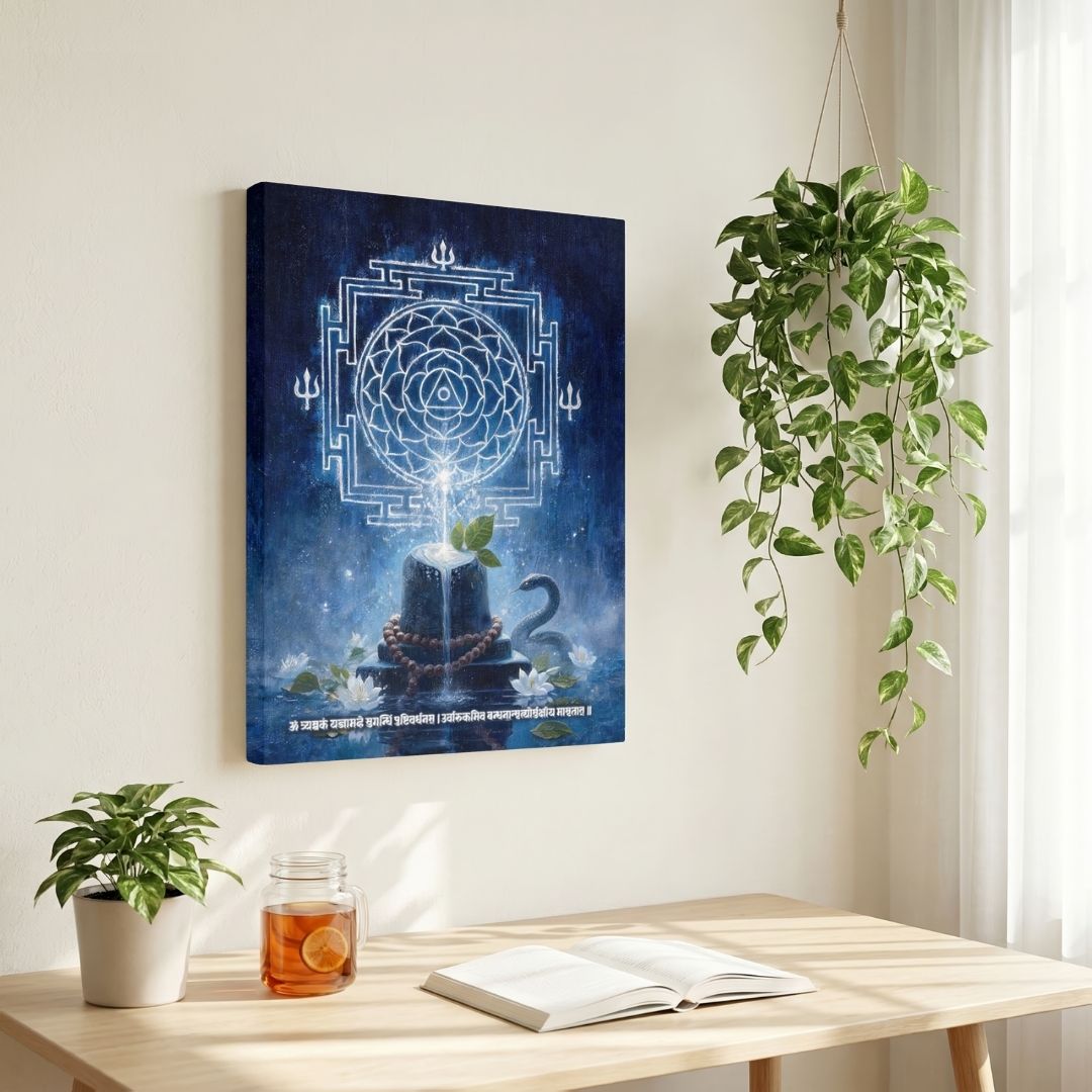 Shiva Tattva | Sacred Shiva Yantra, Shivling & Mahamrityunjaya Mantra Vertical Gallery Wrap Canvas Curate Premium Wall Art Canvas by MeriDeewar