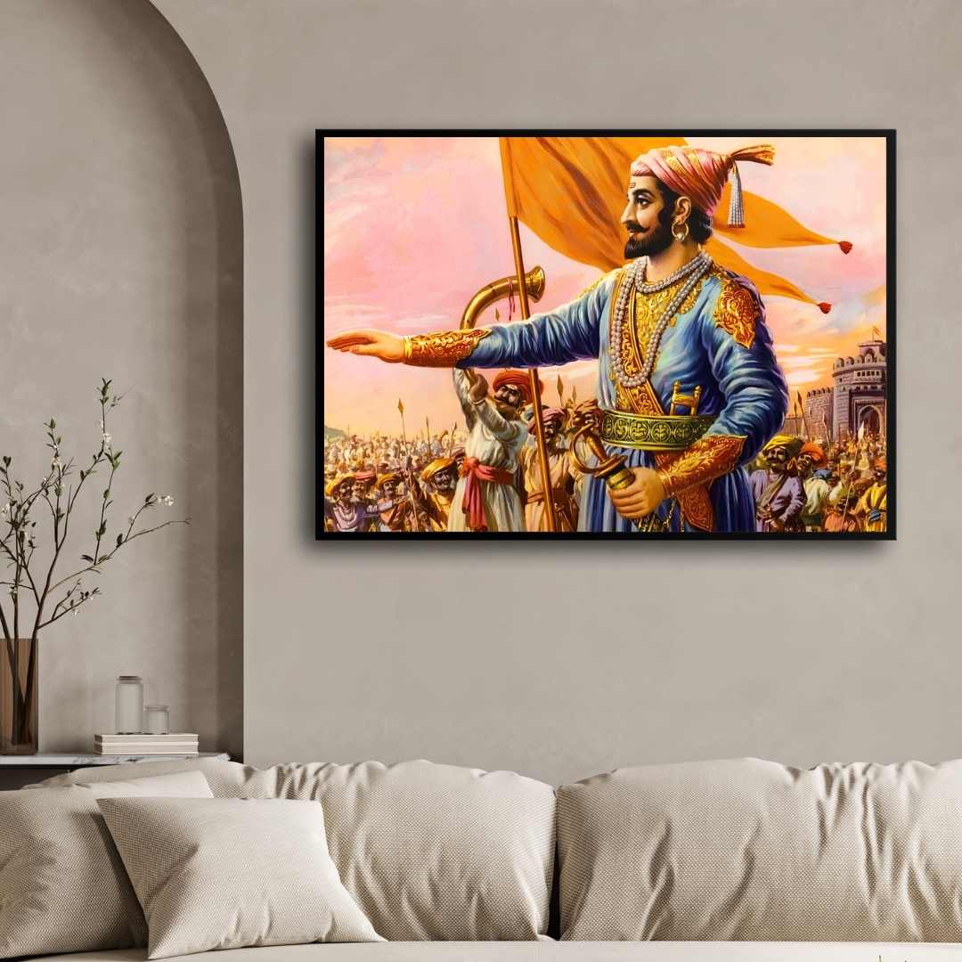 Shivaji Maharaj Painting for Living Room | Hindavi Swarajya Wall Art | MeriDeewar 3 : 2 Horizontal Premium Wall Art Canvas by MeriDeewar