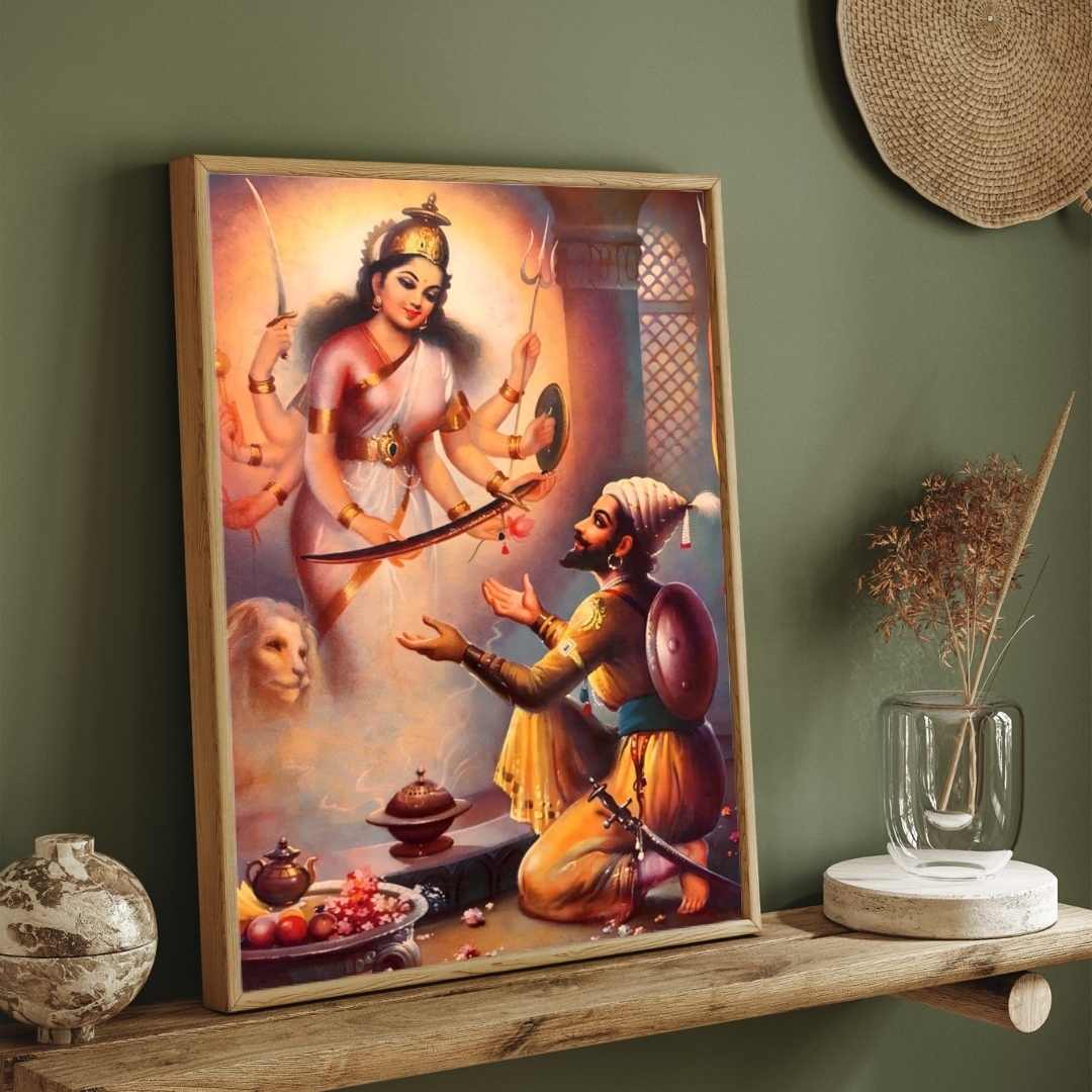 Shivaji Maharaj Tulja Bhavani Mata Painting for Living Room | Spiritual Wall Art | MeriDeewar 3 : 4 Vertical Premium Wall Art Canvas by MeriDeewar