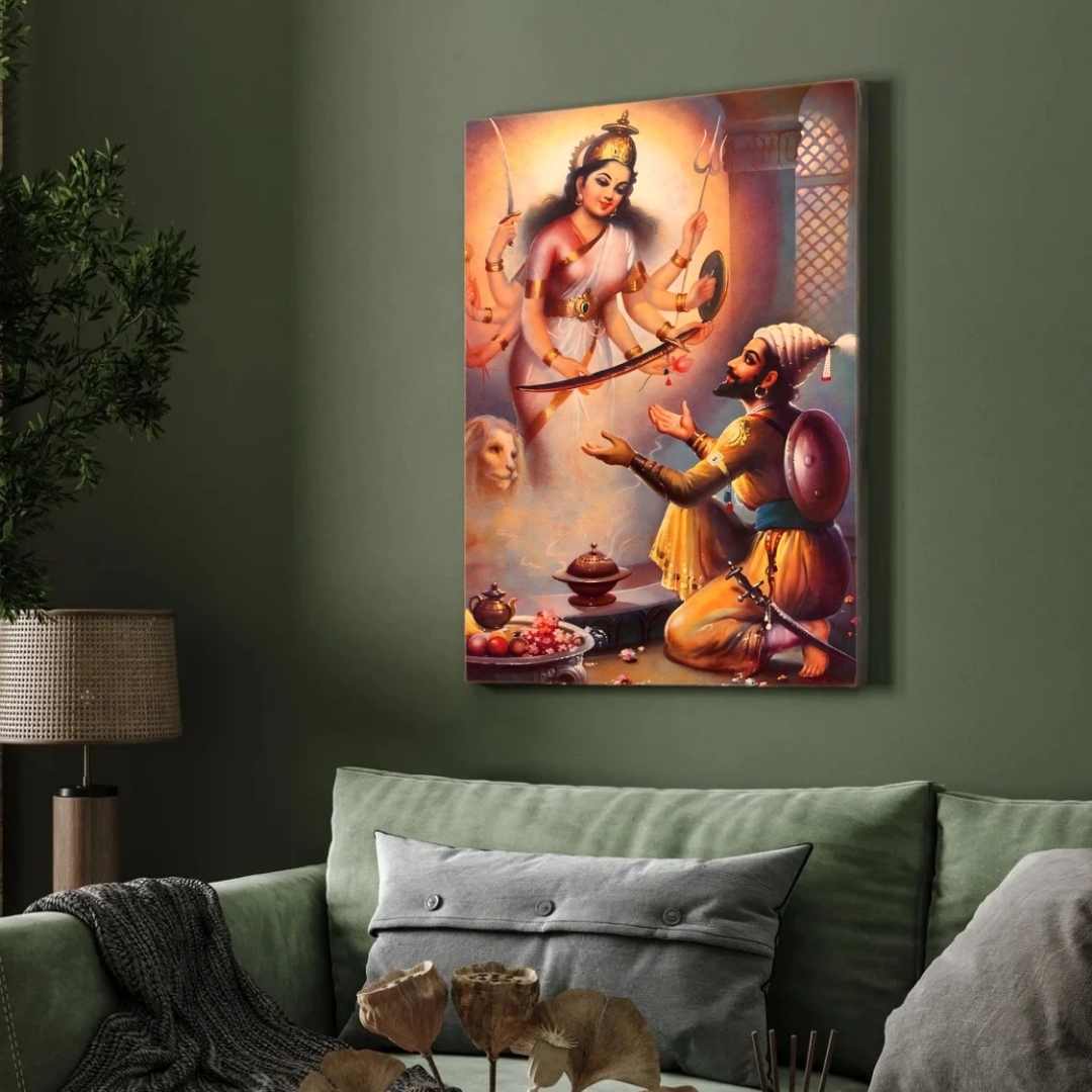 Shivaji Maharaj Tulja Bhavani Mata Painting for Living Room | Spiritual Wall Art | MeriDeewar 3 : 4 Vertical Premium Wall Art Canvas by MeriDeewar