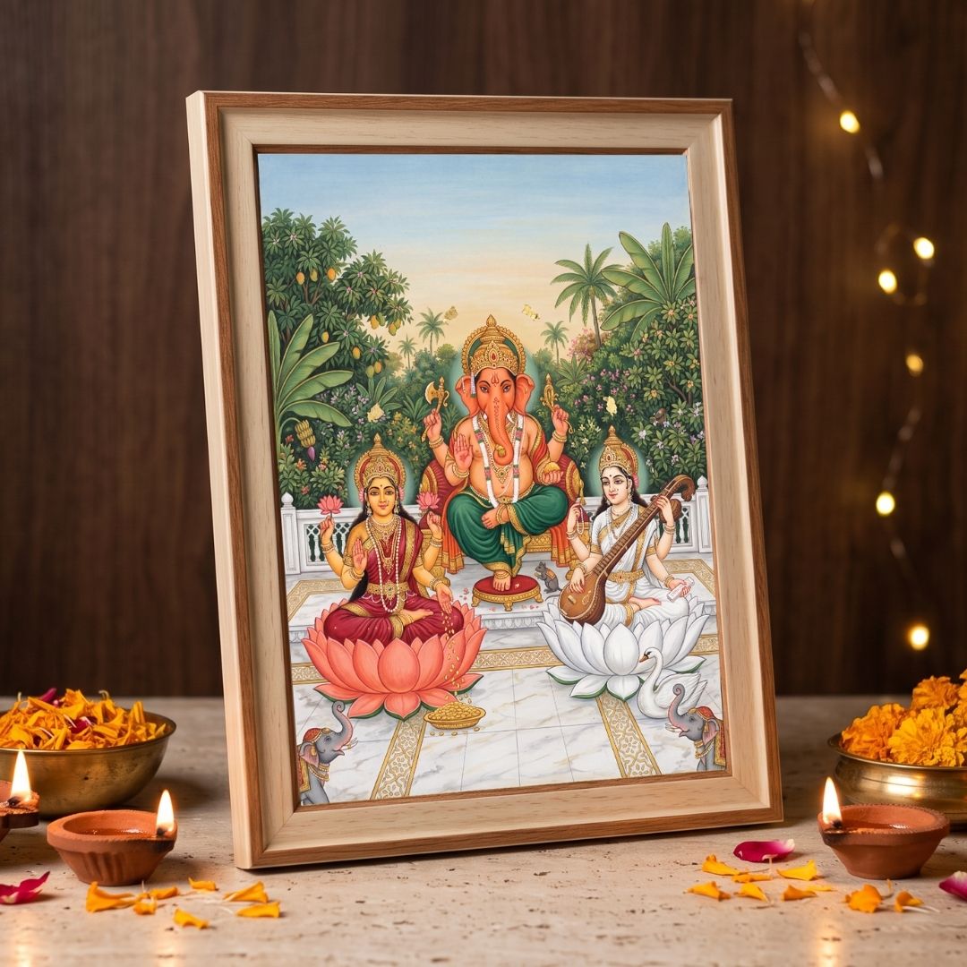 Shubh Labh | Lakshmi Ganesha Saraswati Vertical Framed Art Curate Premium Wall Art Canvas by MeriDeewar