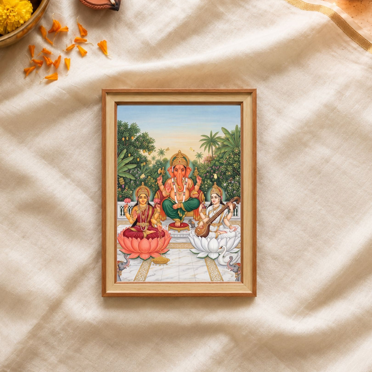 Shubh Labh | Lakshmi Ganesha Saraswati Vertical Framed Art Curate Premium Wall Art Canvas by MeriDeewar