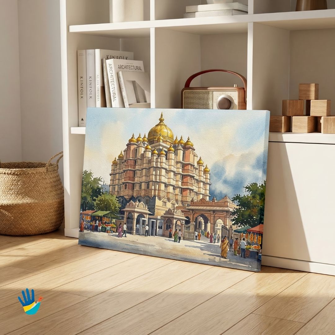 Siddhivinayak Temple | Mumbai Prabhadevi Sacred Gilded Architecture Framed Art 4 : 3 Horizontal Premium Wall Art Canvas by MeriDeewar