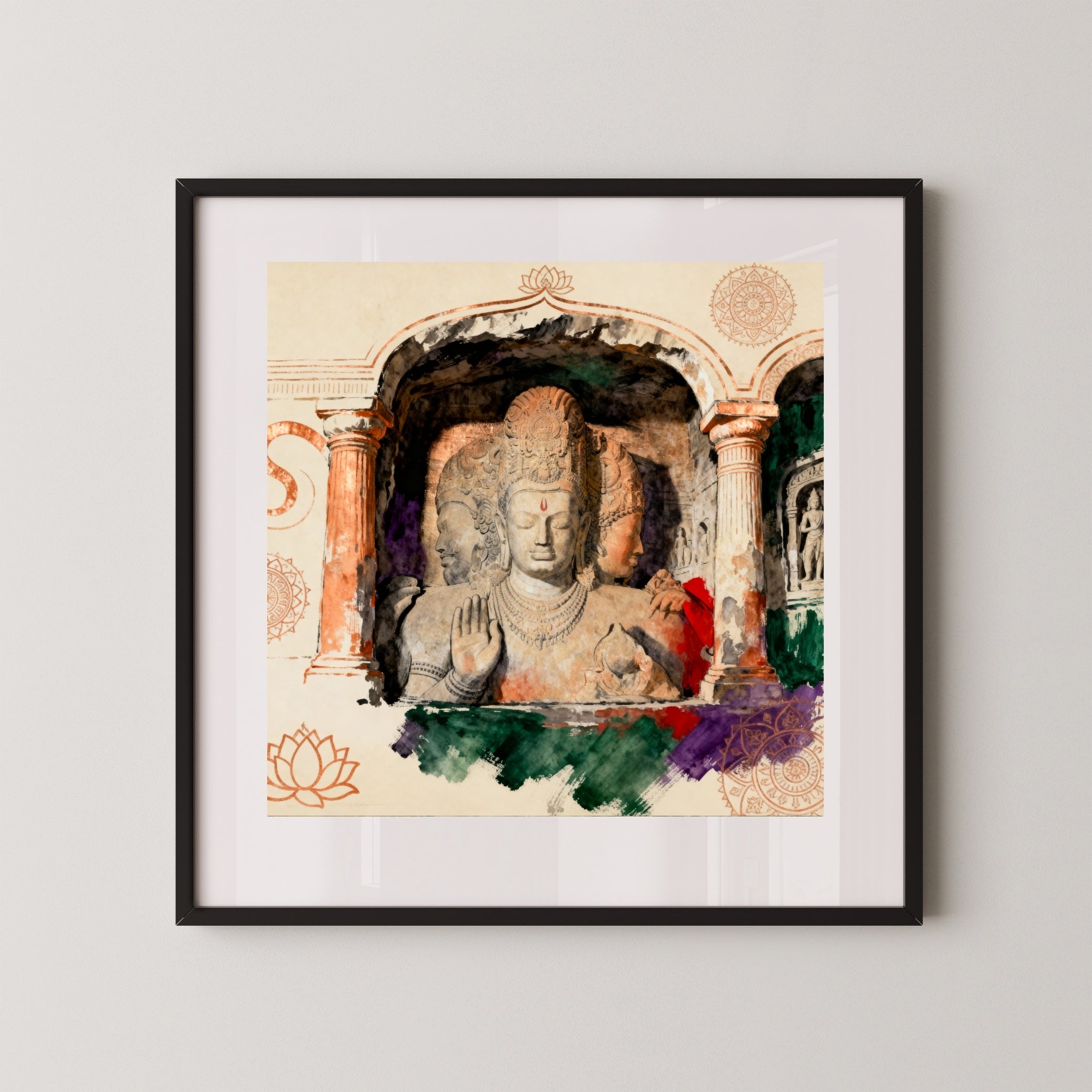 Silence Carved Into Spirit: Elephanta Caves Trimurti Art | Sacred Stone Sculpture | MeriDeewar 1 : 1 Square Premium Wall Art Canvas by MeriDeewar