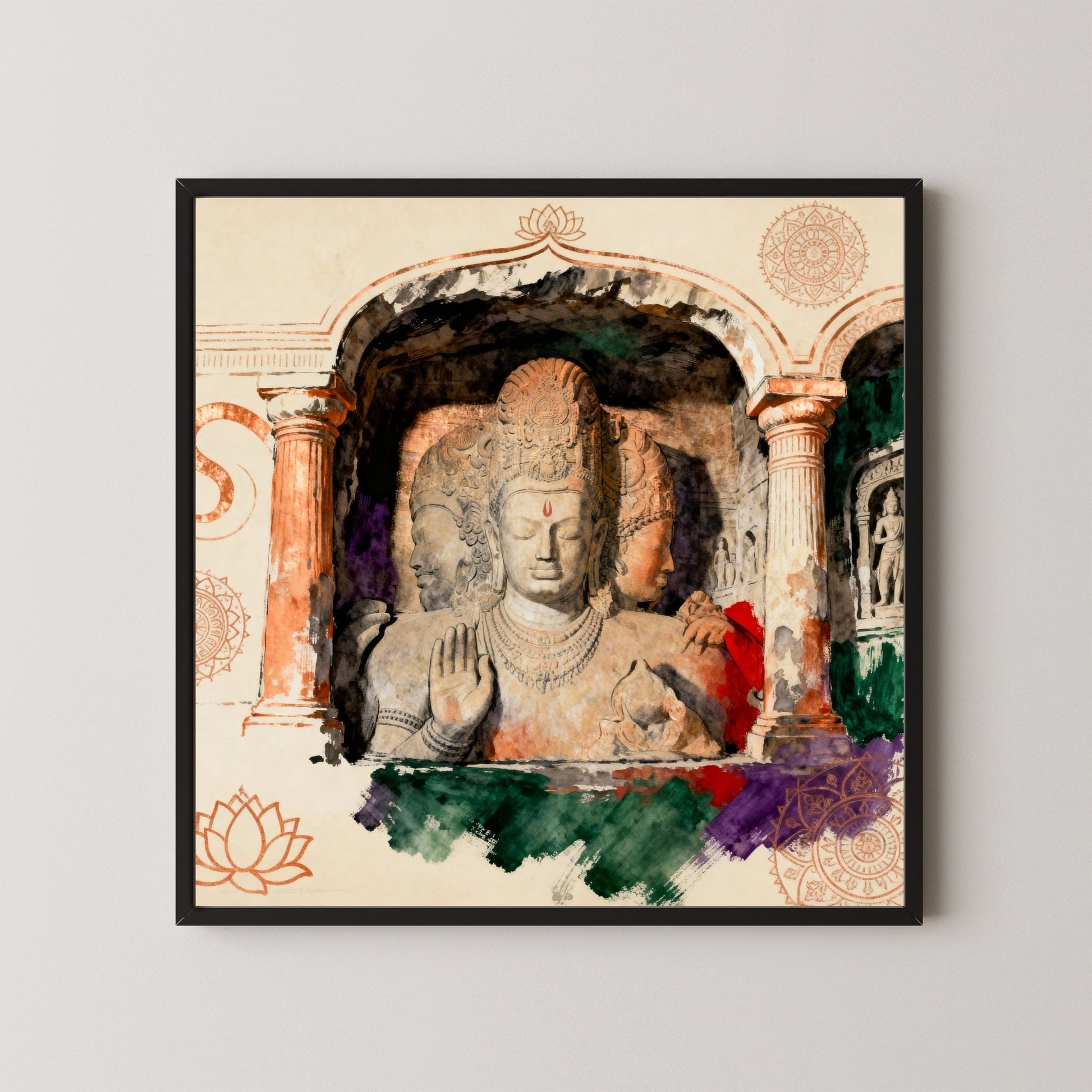 Silence Carved Into Spirit: Elephanta Caves Trimurti Art | Sacred Stone Sculpture | MeriDeewar 1 : 1 Square Premium Wall Art Canvas by MeriDeewar