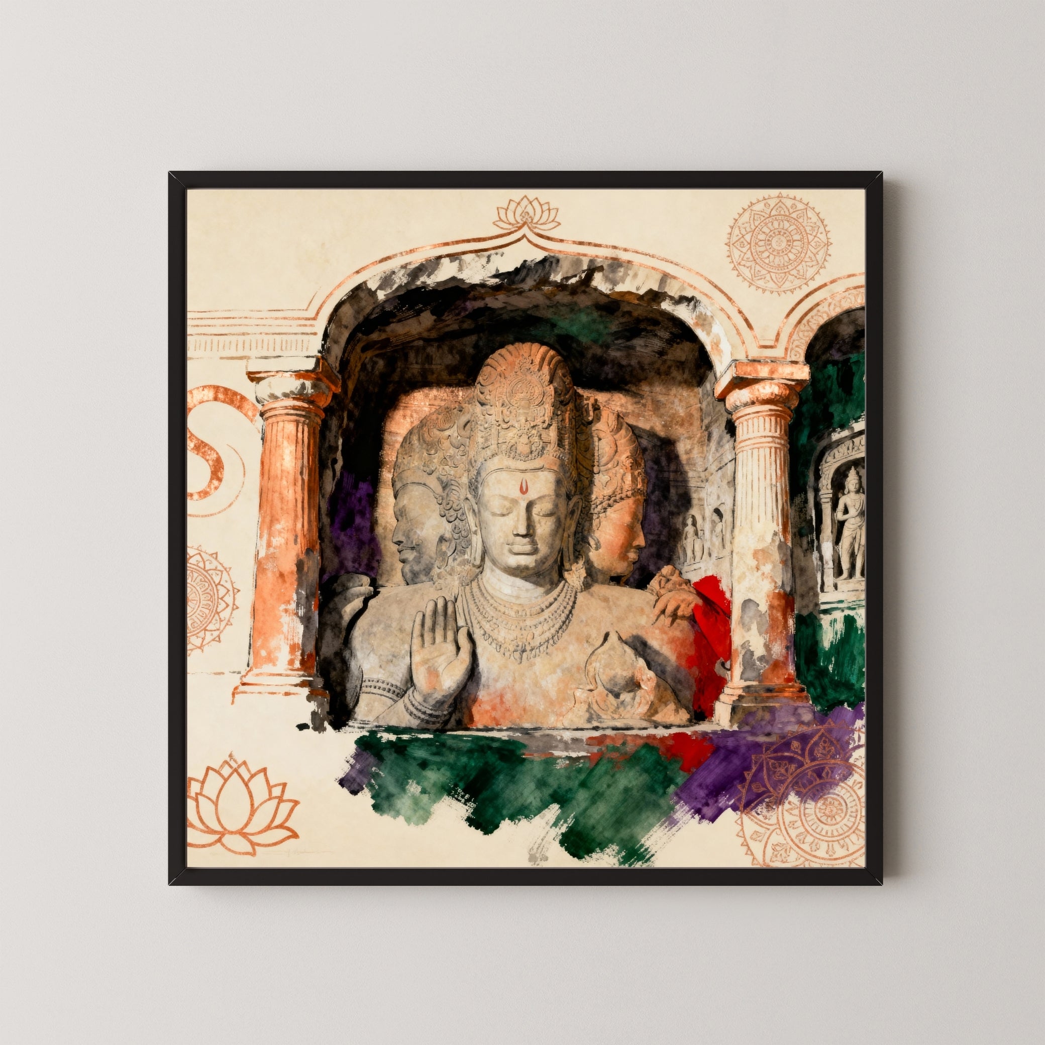 Silence Carved Into Spirit: Elephanta Caves Trimurti Art | Sacred Stone Sculpture | MeriDeewar 1 : 1 Square Premium Wall Art Canvas by MeriDeewar