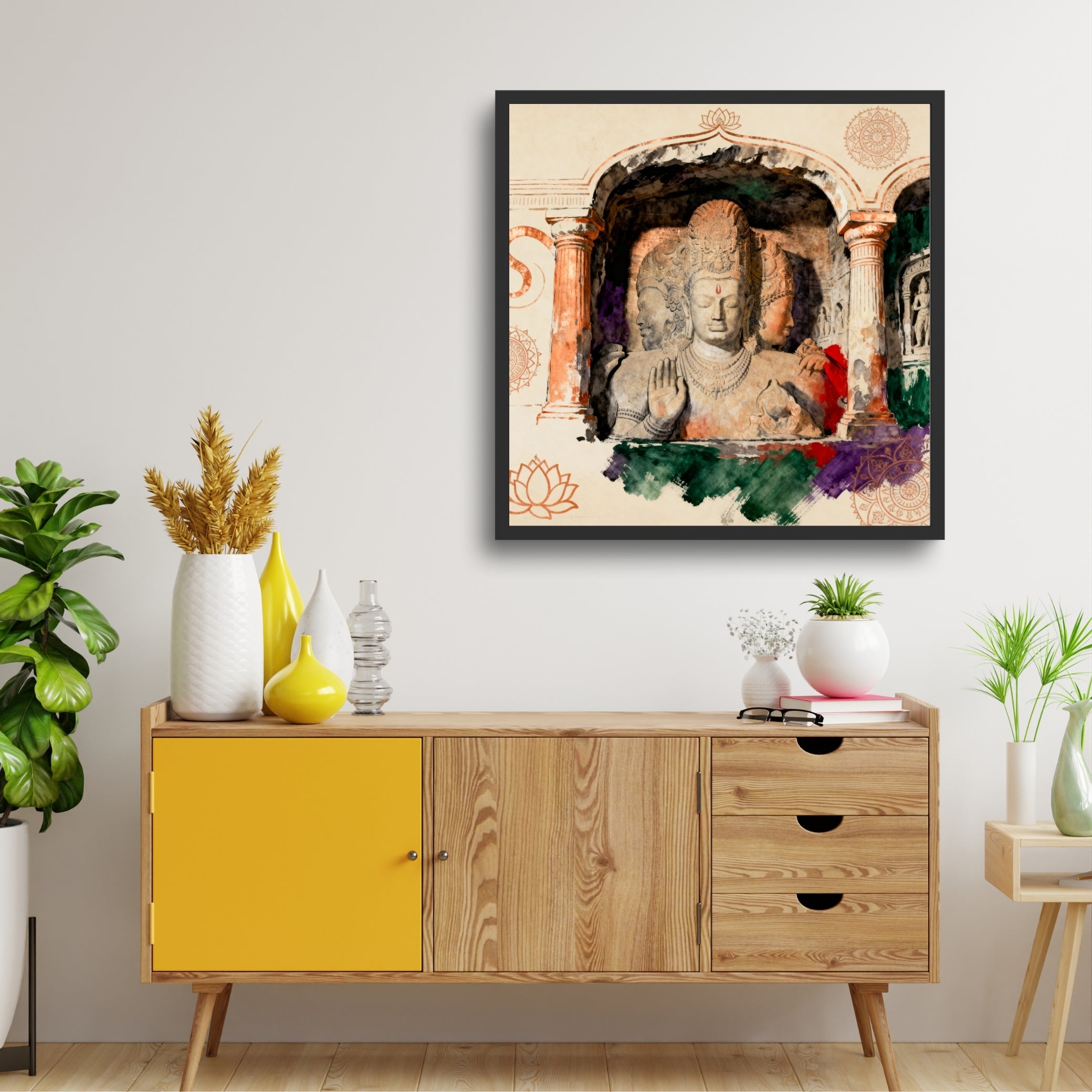 Silence Carved Into Spirit: Elephanta Caves Trimurti Art | Sacred Stone Sculpture | MeriDeewar 1 : 1 Square Premium Wall Art Canvas by MeriDeewar