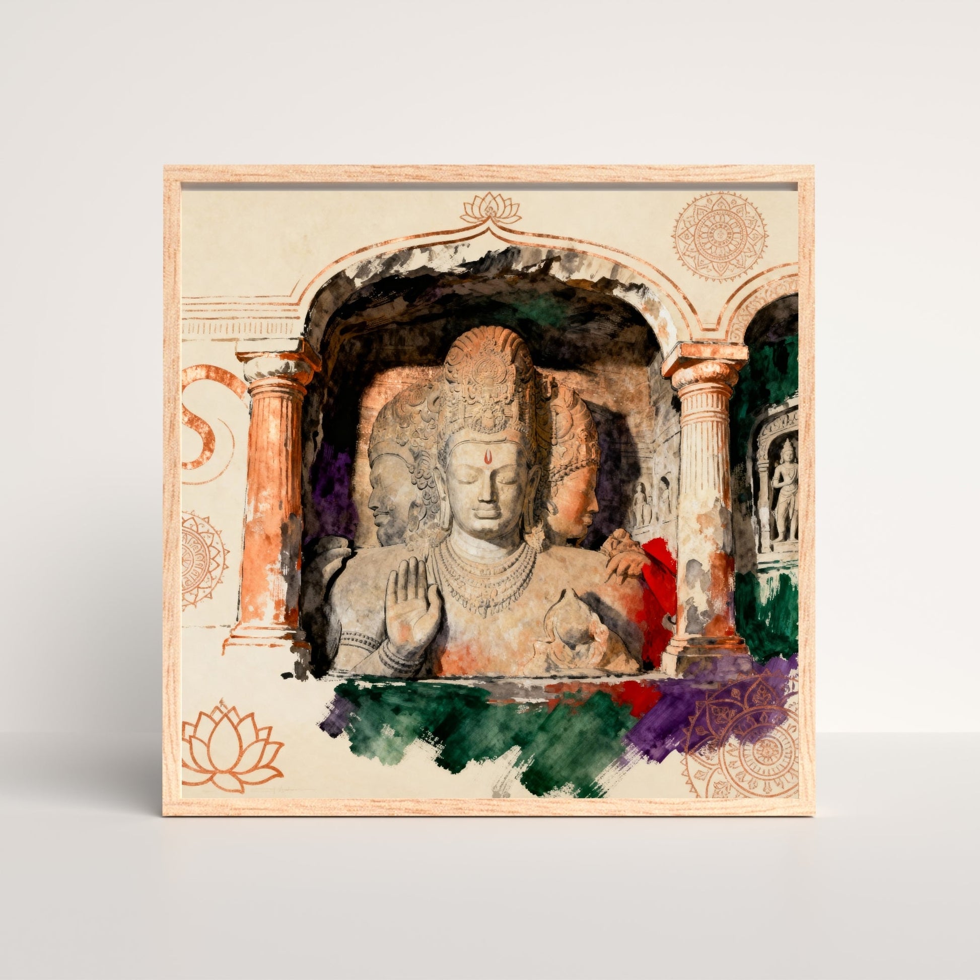 Silence Carved Into Spirit: Elephanta Caves Trimurti Art | Sacred Stone Sculpture | MeriDeewar 1 : 1 Square Premium Wall Art Canvas by MeriDeewar