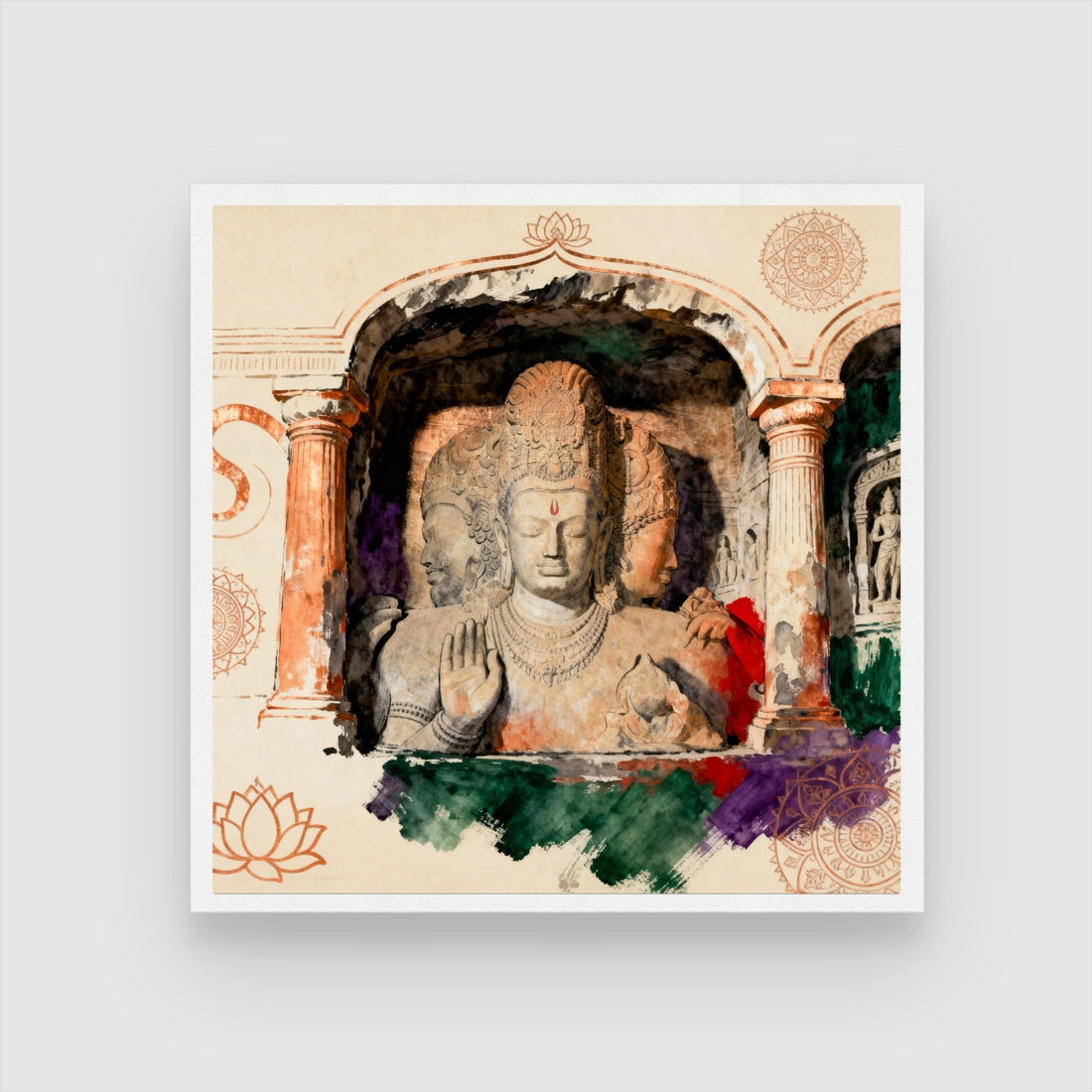 Silence Carved Into Spirit: Elephanta Caves Trimurti Art | Sacred Stone Sculpture | MeriDeewar 1 : 1 Square Premium Wall Art Canvas by MeriDeewar