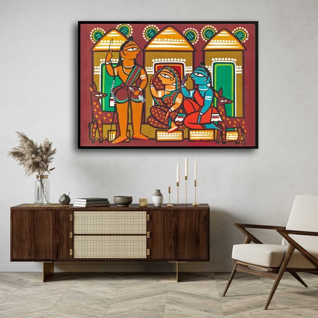 Sita Rama Jamini Roy Folk Art Painting for Living Room | Indian Mythology Wall Art 3 : 2 Horizontal Premium Wall Art Canvas by MeriDeewar